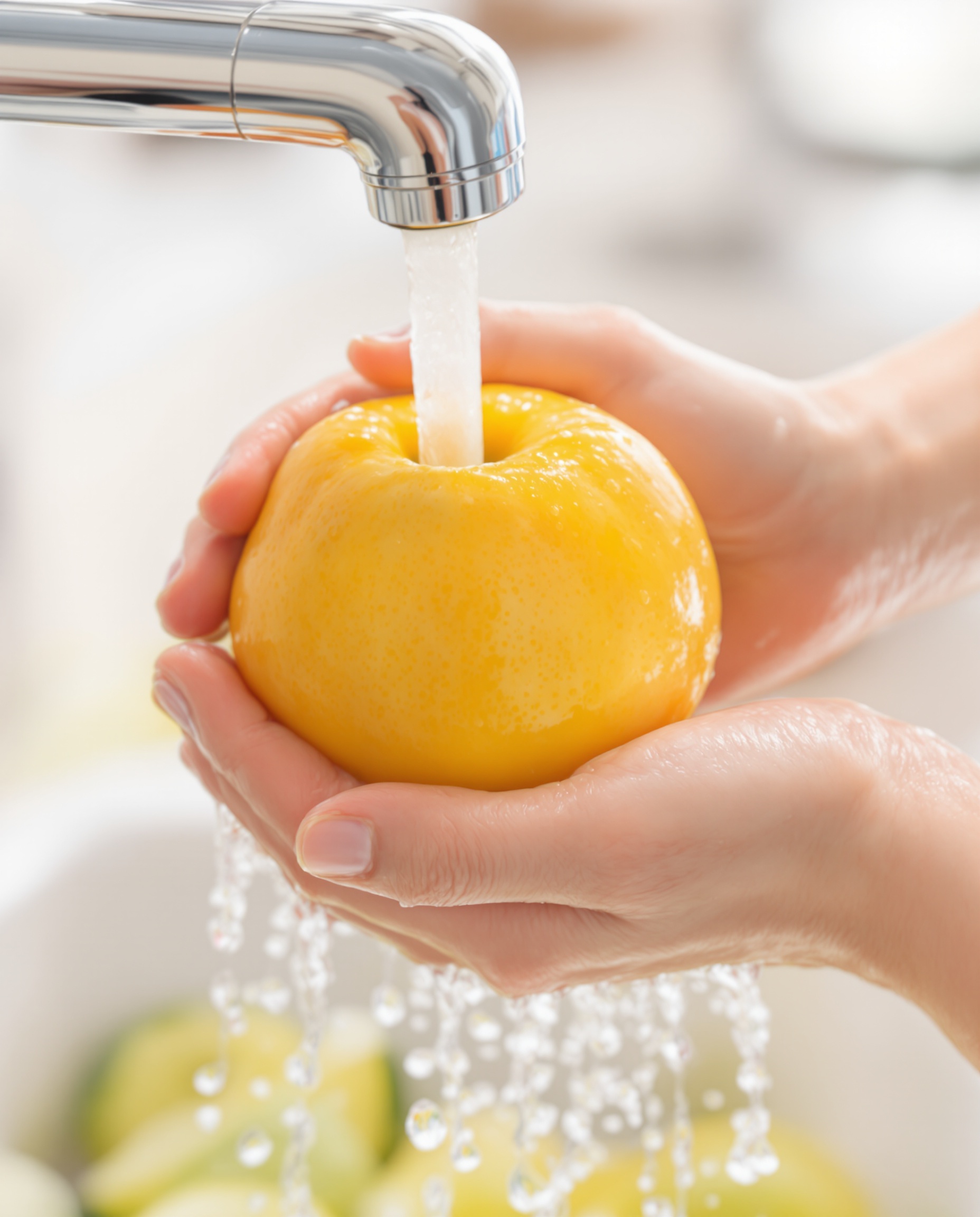 Main lavant soigneusement un fruit sous l'eau courante pour éliminer les résidus potentiels