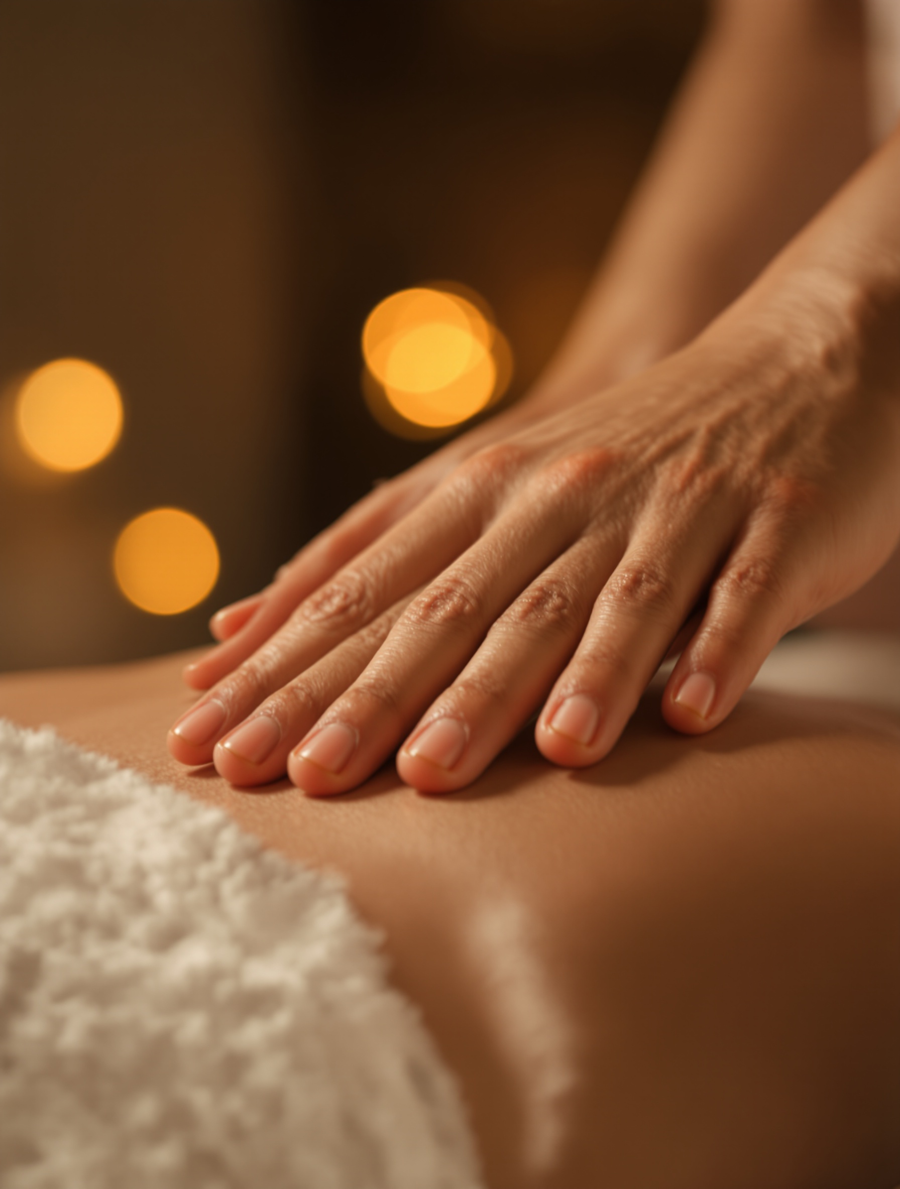 Mains d'un praticien Lahochi au-dessus d'une personne allongée, lumière tamisée, ambiance de détente