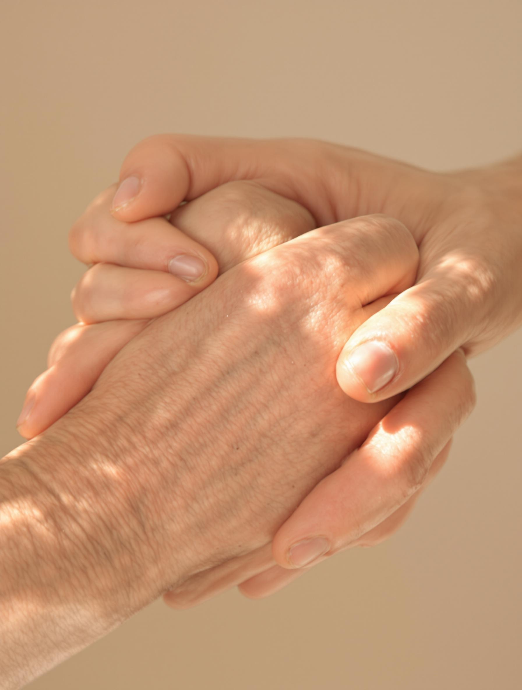 Deux mains qui se serrent dans une lumière douce, symbolisant l'accompagnement, la solidarité et la guérison lors d'un parcours de sevrage alcoolique.