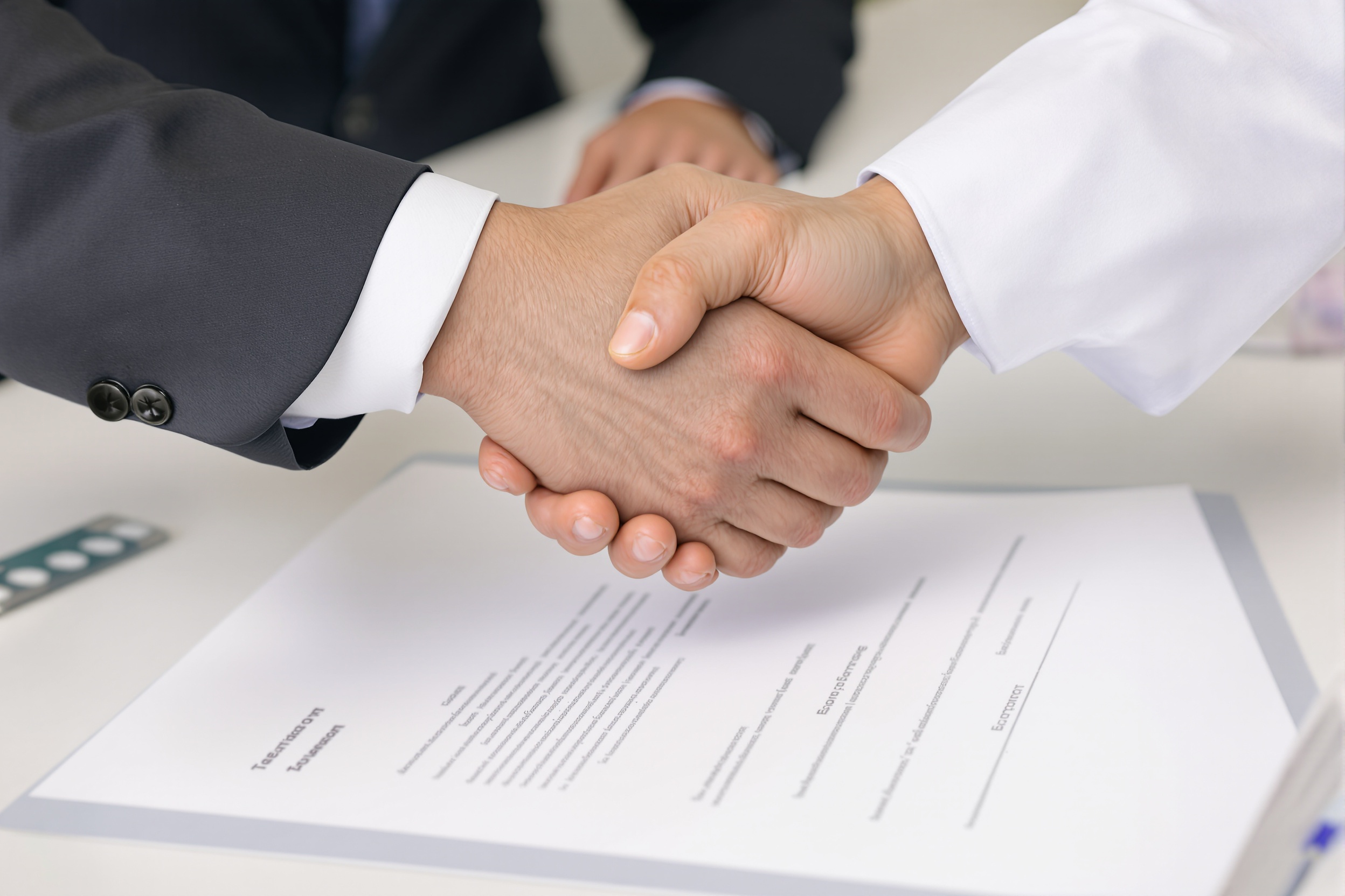 Deux mains qui se serrent lors d'une négociation CEPS-Leem sur fond de boîte de médicaments