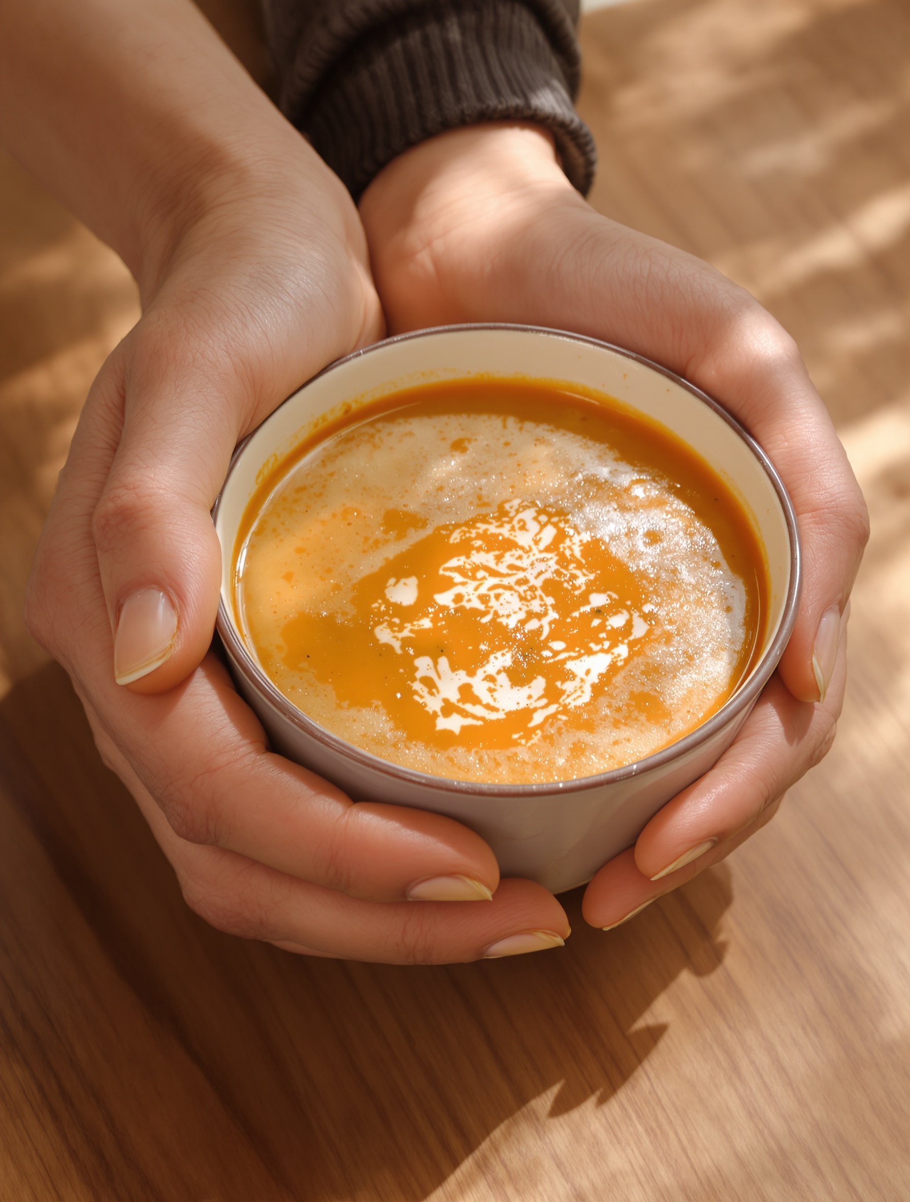 Mains d'une personne âgée et jeune autour d'un bol de soupe mixée, symbole d'entraide contre l'isolement SLA.