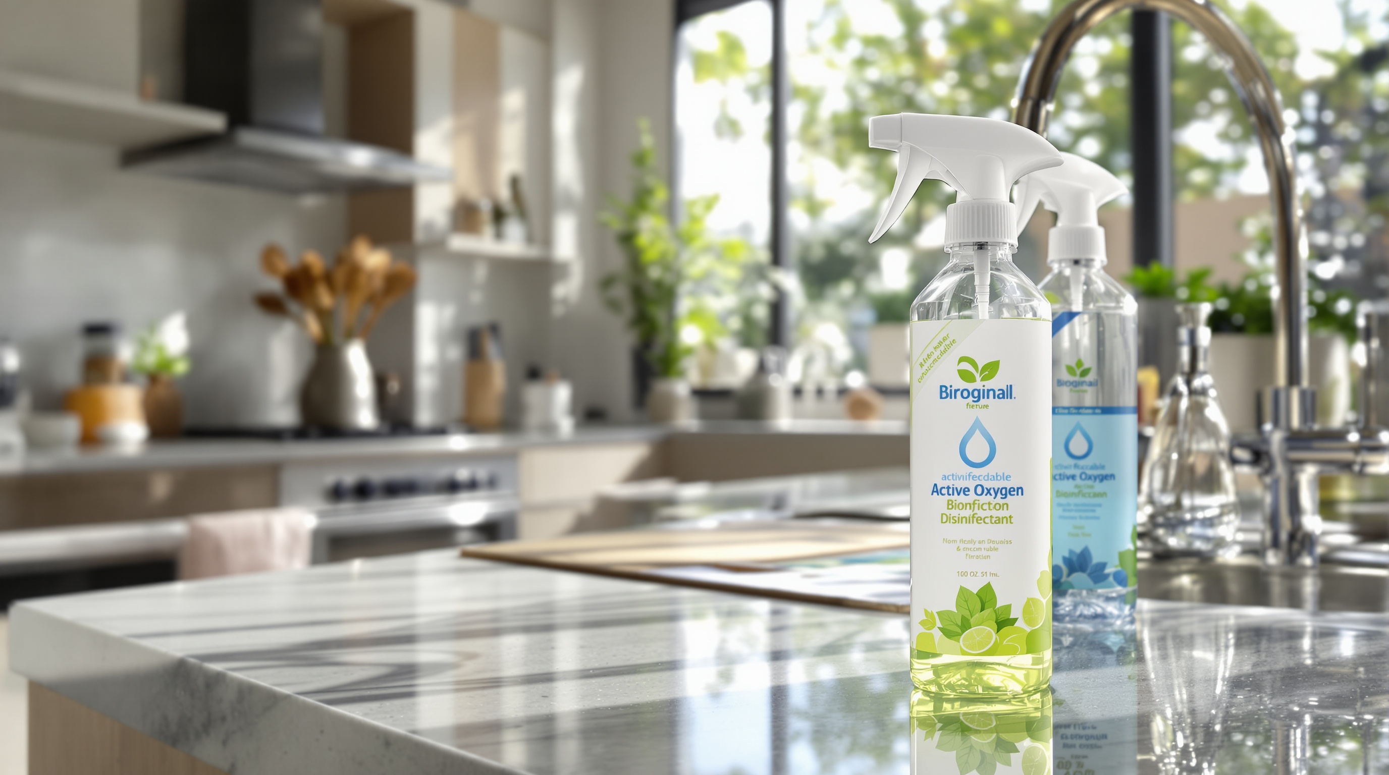 Flacon biodégradable d’oxygène actif pour surfaces saines devant une maison moderne propre.