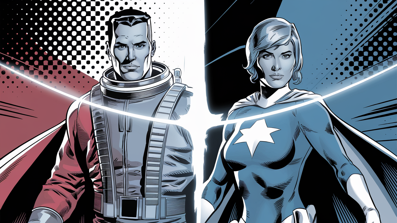 Mar-Vell et Carol Danvers face à face, style comics documentaire.