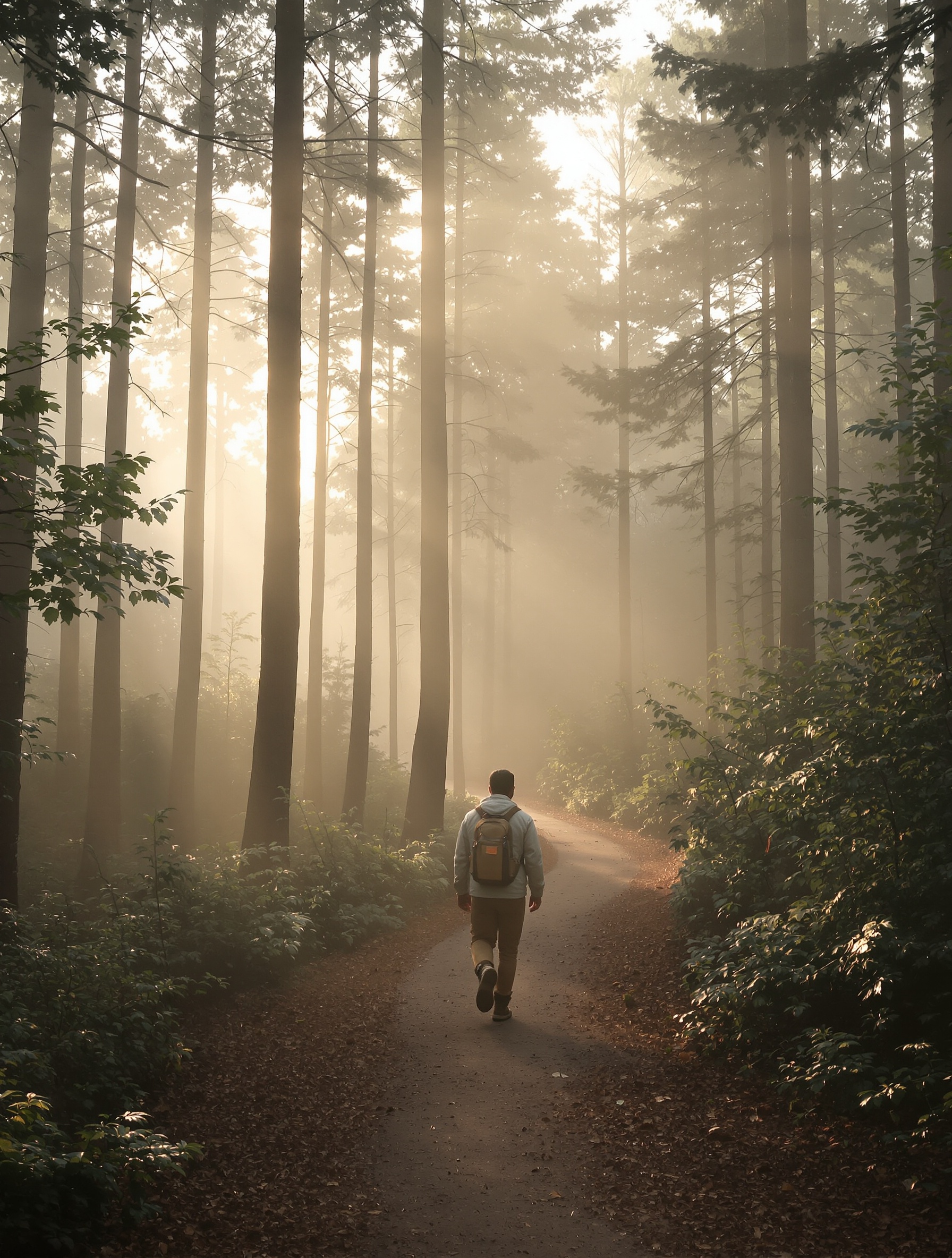 personne seule marchant forêt brumeuse lever du soleil écoute de soi connexion force naturelle