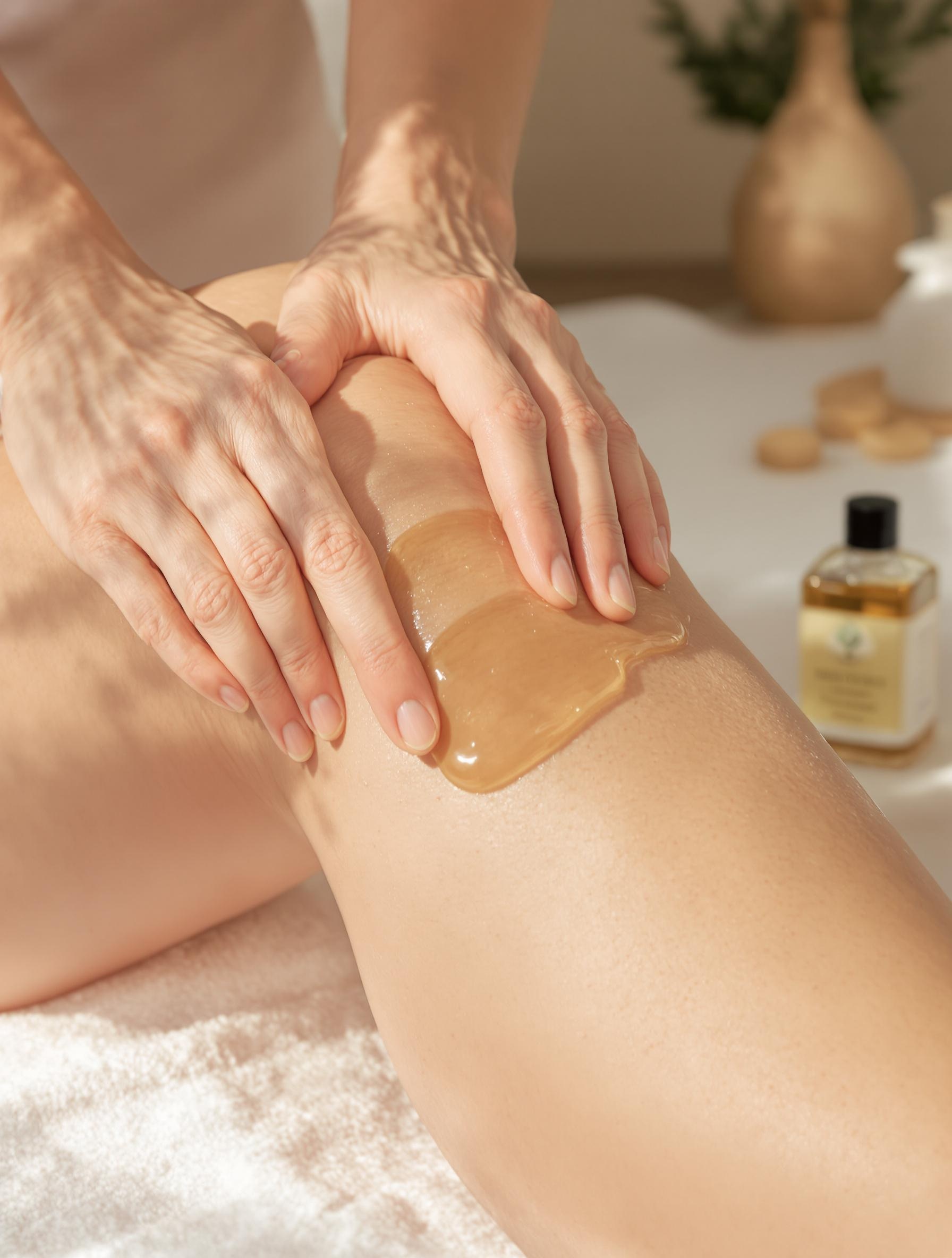 Massage thérapeutique avec huile de ricin sur le genou