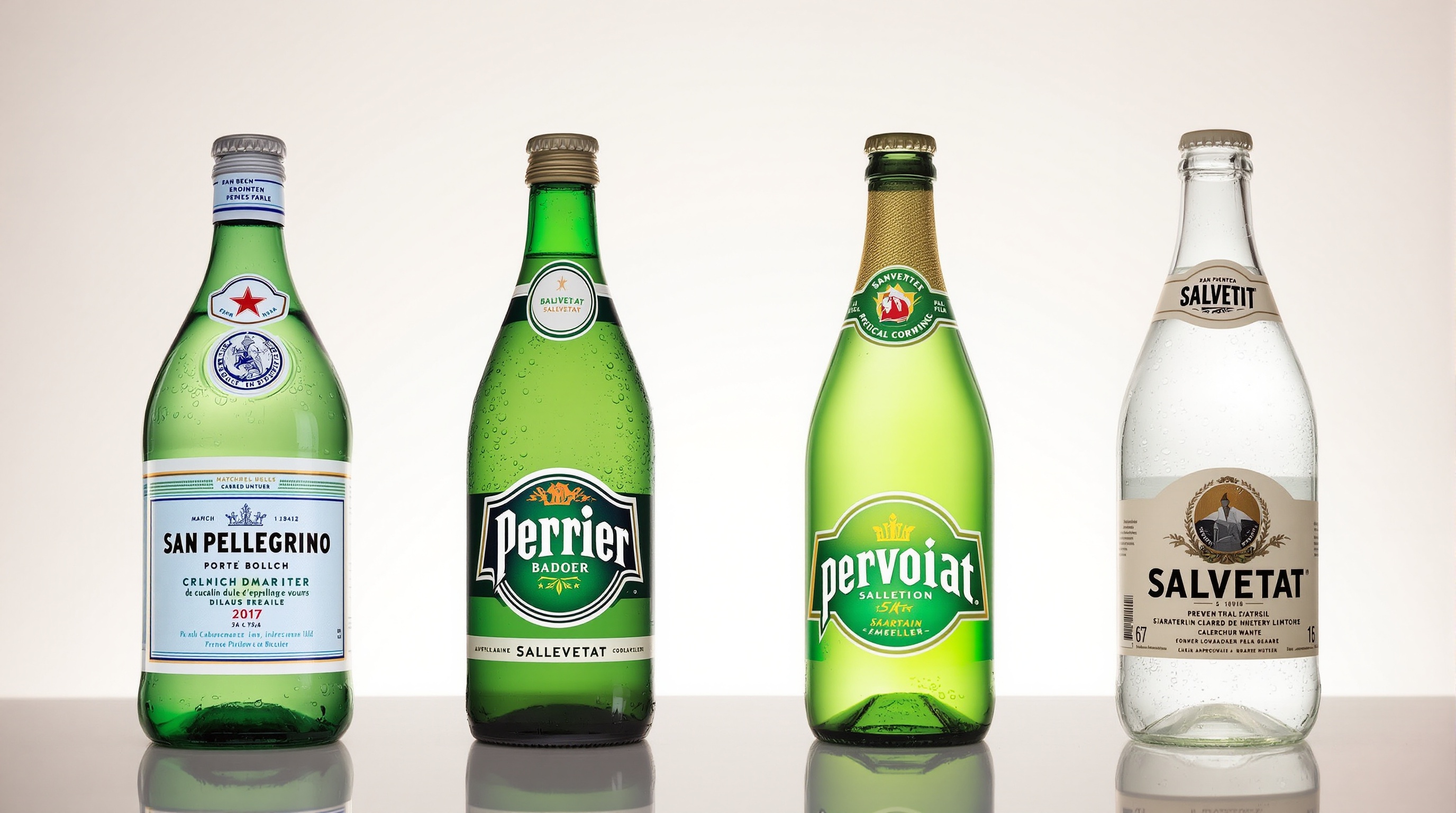 Quatre bouteilles alignées : San Pellegrino, Perrier, Badoit, Salvetat en verre