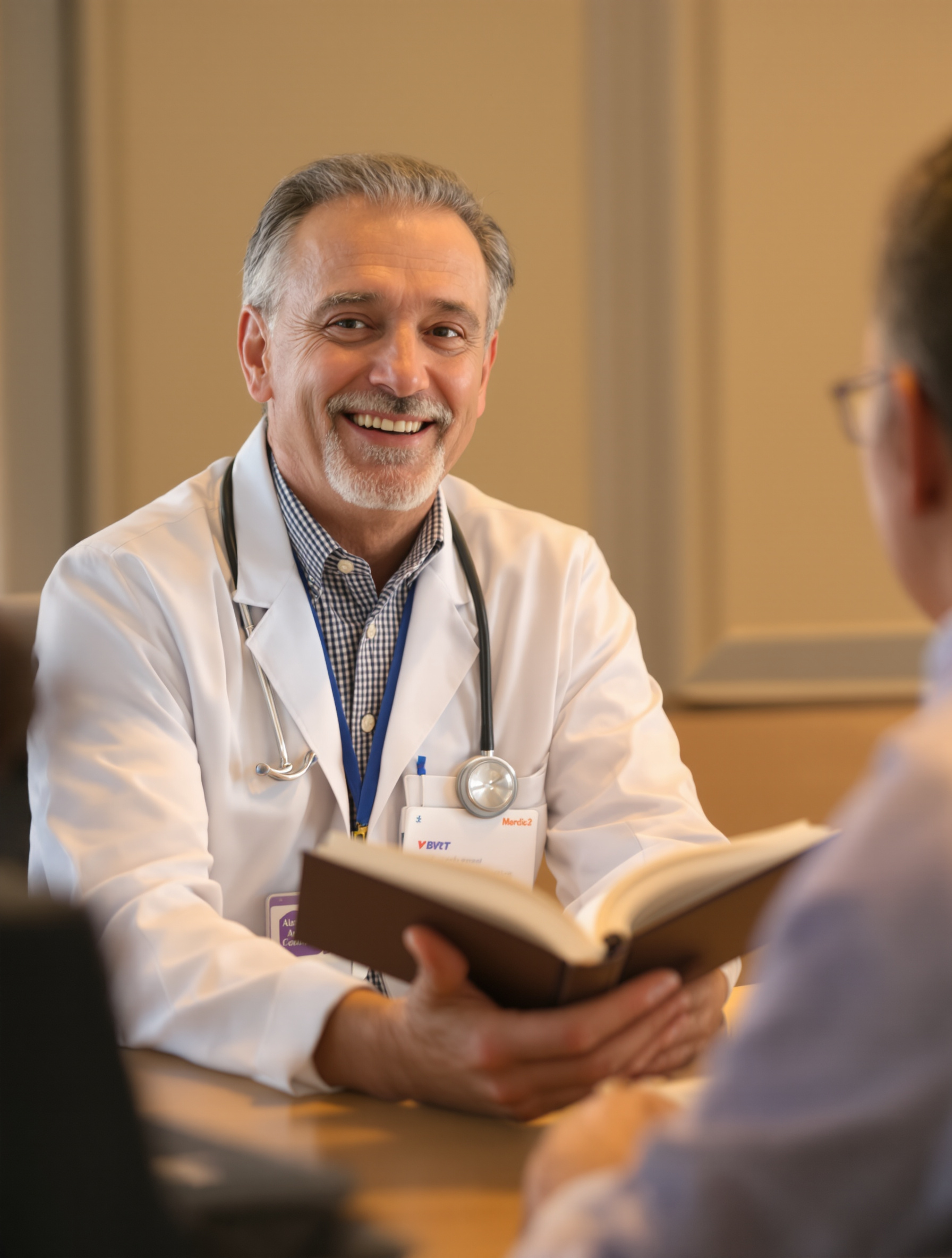 Médecin et patient souriants discutant autour d’un bureau, le patient tenant un carnet de notes ouvert.
