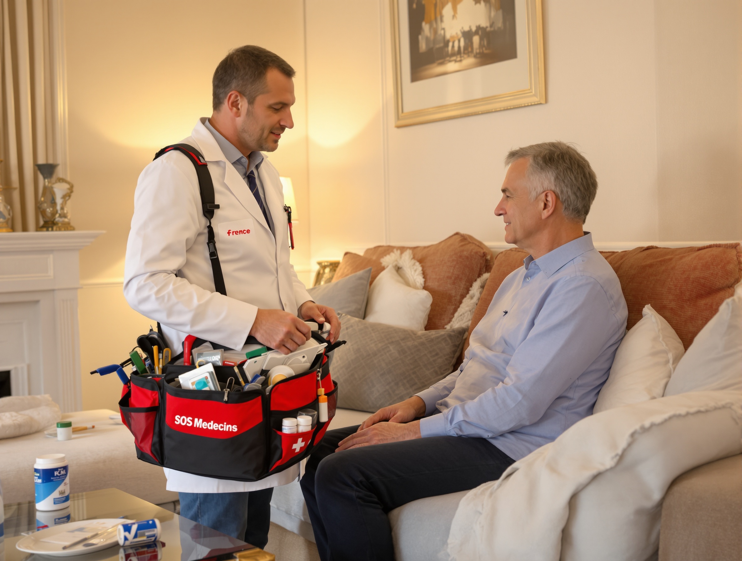 Médecin SOS Médecins effectuant une visite à domicile