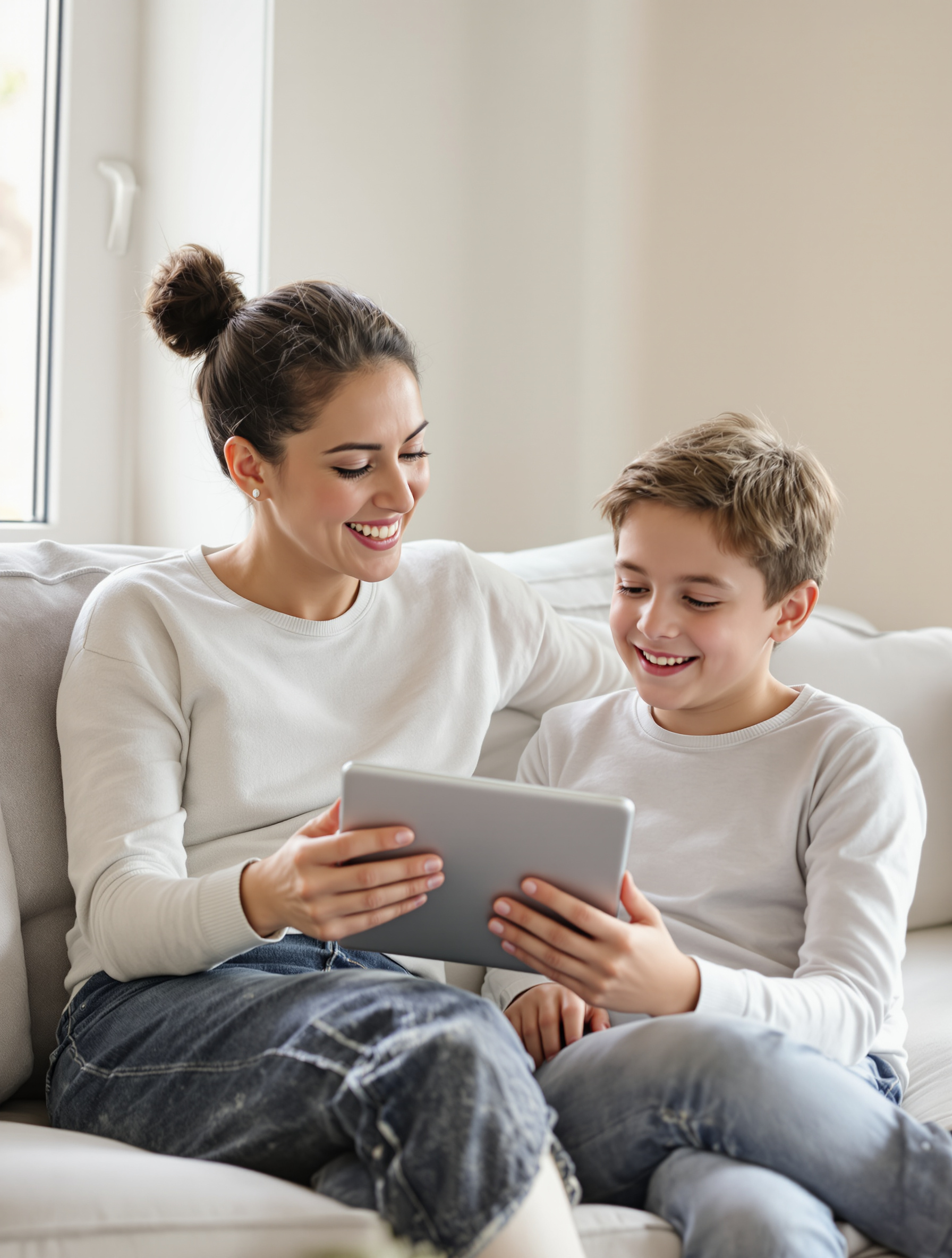 Mère et fils discutent ensemble devant une tablette — illustration dialogue parental sur les écrans.