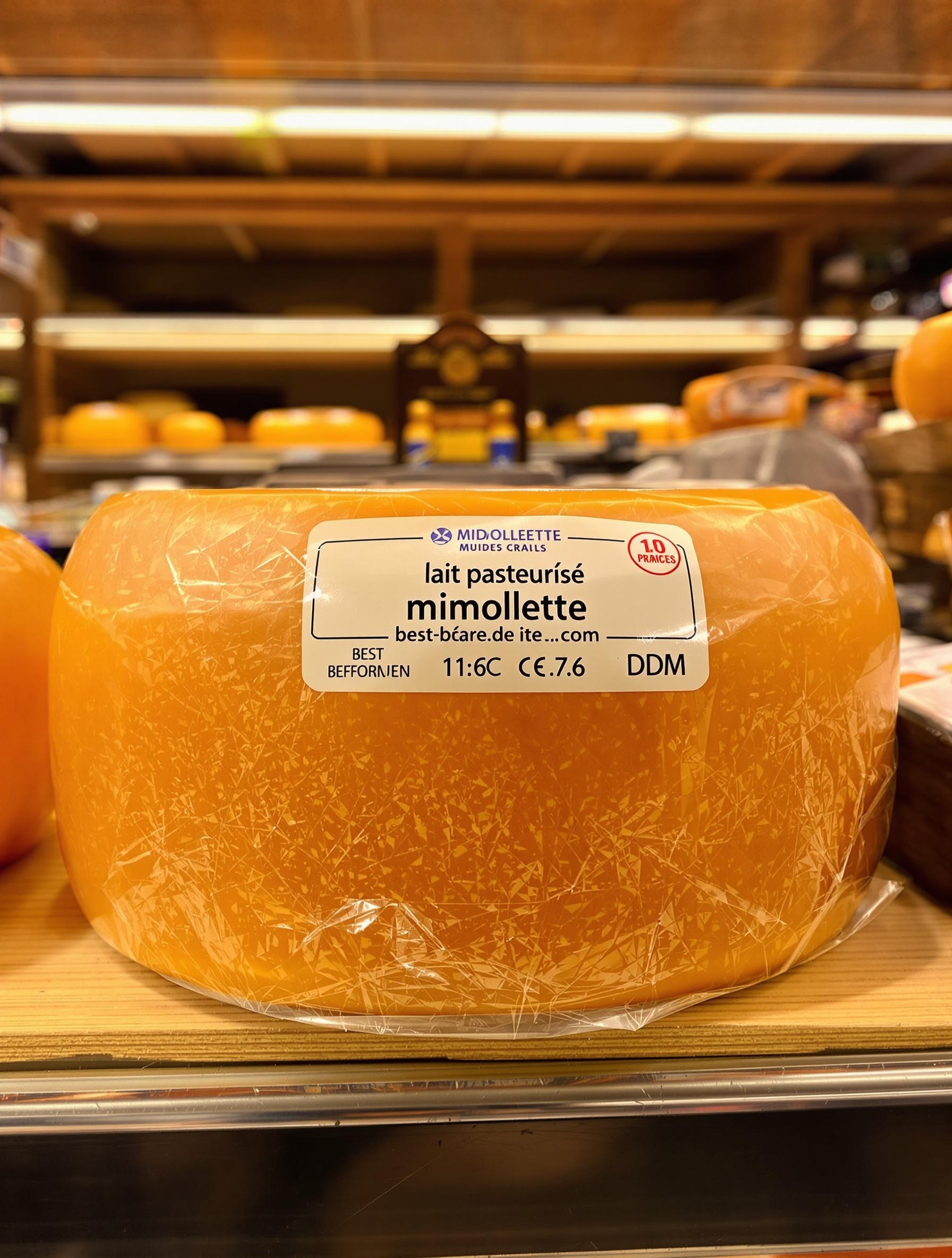 Mimolette étiquetée lait pasteurisé label CE DDM rayon fromagerie