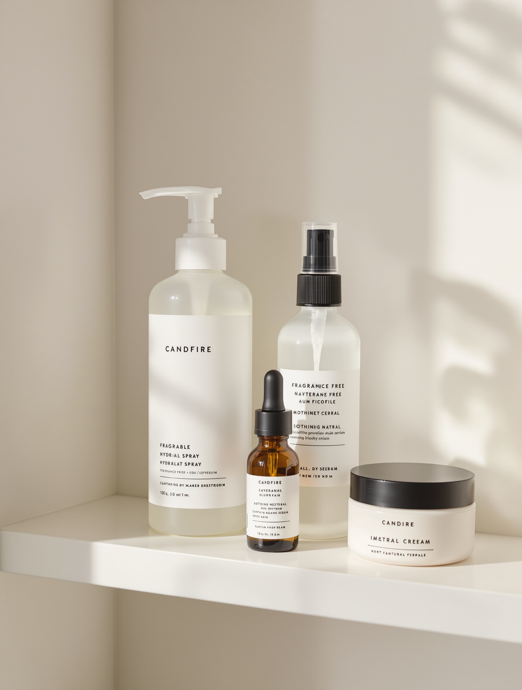 Routine naturelle minimaliste pour peau rouge : nettoyant doux, hydrolat apaisant, sérum naturel et crème neutre.