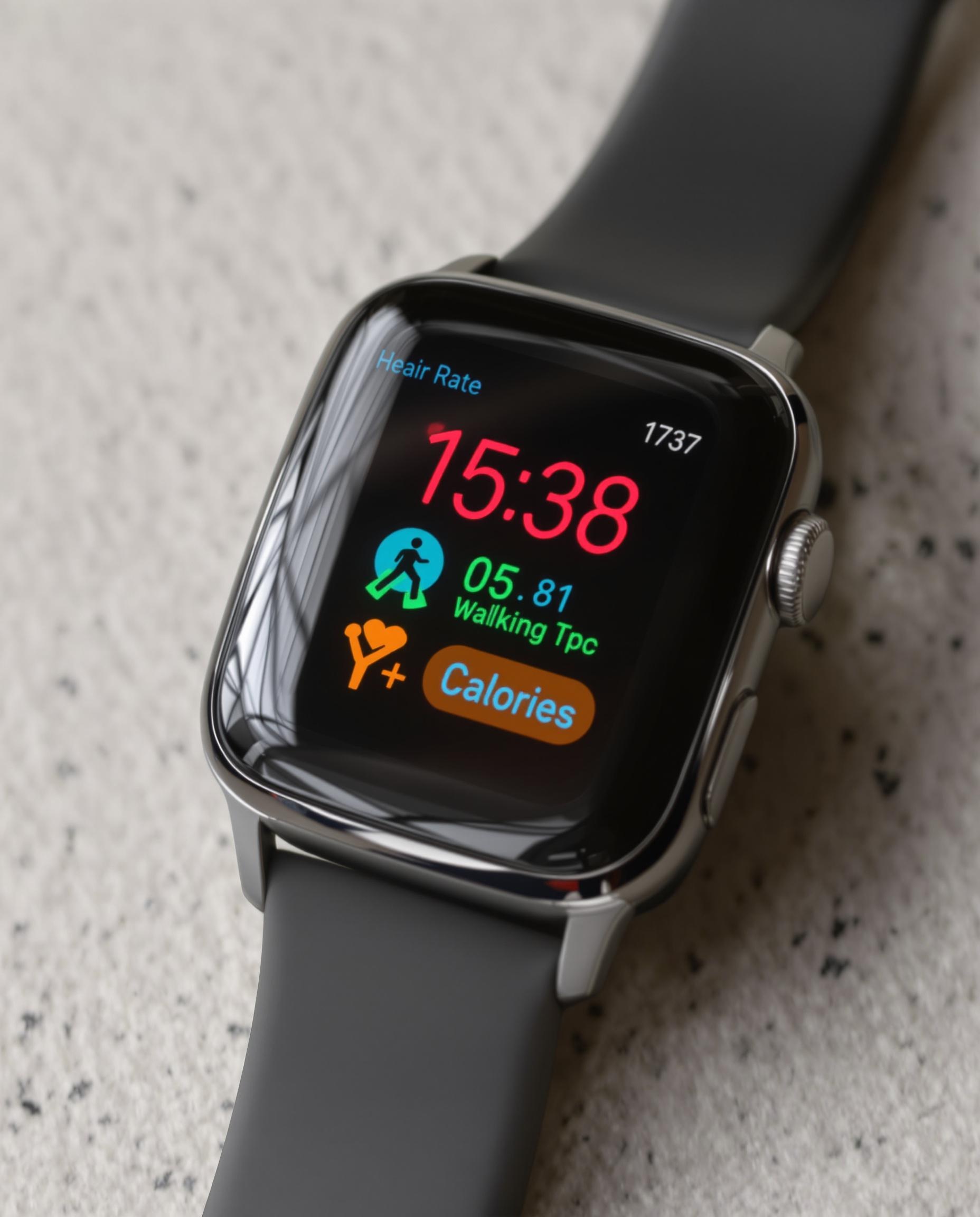 Montre connectée affichant la fréquence cardiaque, l'allure de marche et les calories brûlées