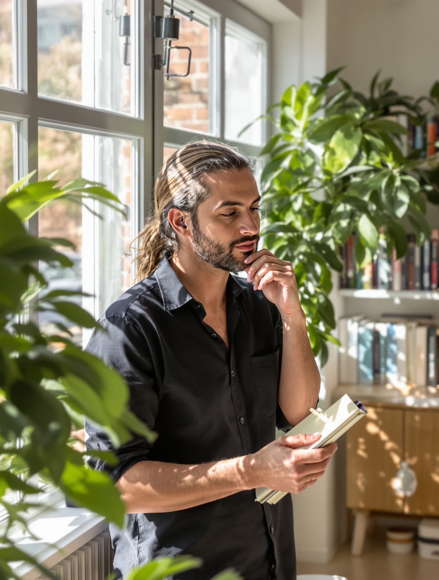 Naturopathe en cabinet lumineux, carnet en main, entouré de plantes et livres