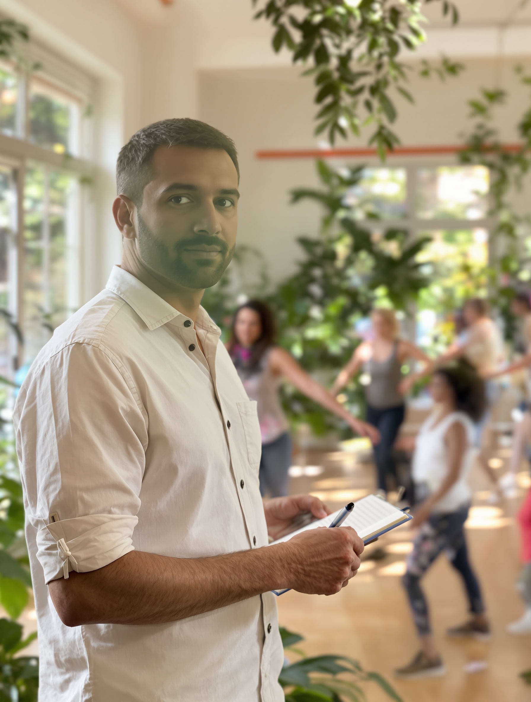 Naturopathe observant un atelier de Biodanza, carnet à la main