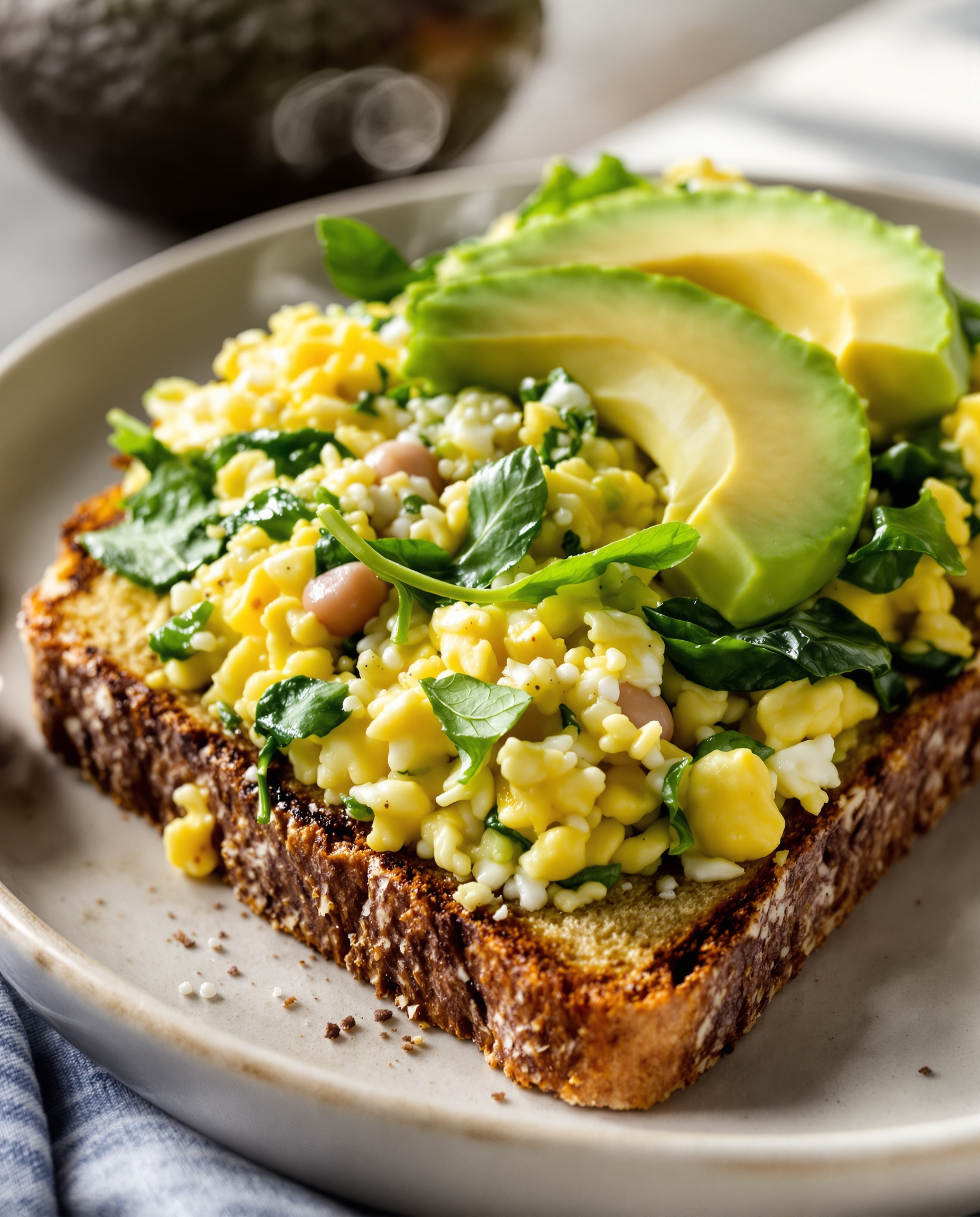 Œufs brouillés moelleux avec épinards et avocat sur toast complet