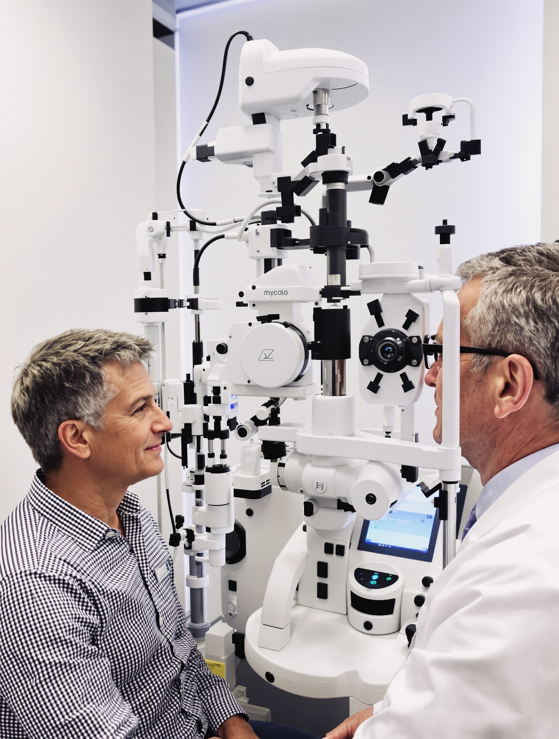 Un ophtalmologiste bienveillant réalisant un examen préopératoire sur un patient, avec en arrière-plan un équipement de diagnostic moderne. L'ambiance est professionnelle, sérieuse et rassurante, illustrant l'importance de cette étape cruciale.