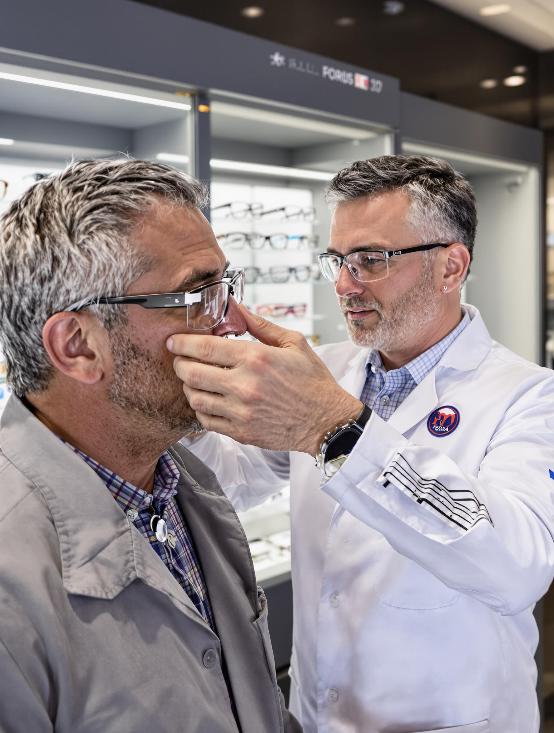 Ajustement de lunettes de sécurité adaptées à la vue par un opticien spécialisé