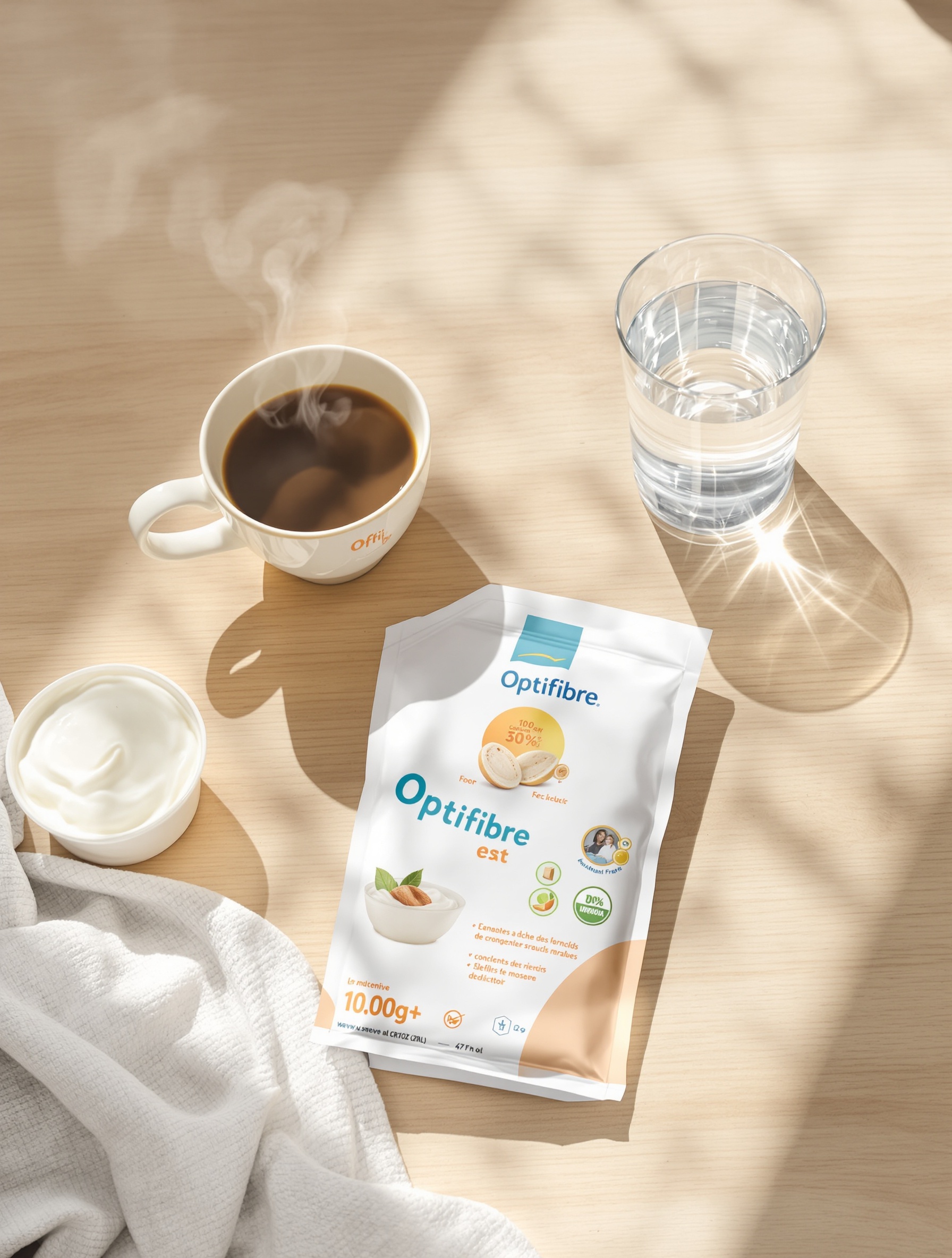 Optifibre au petit-déjeuner : café, yaourt et verre d'eau