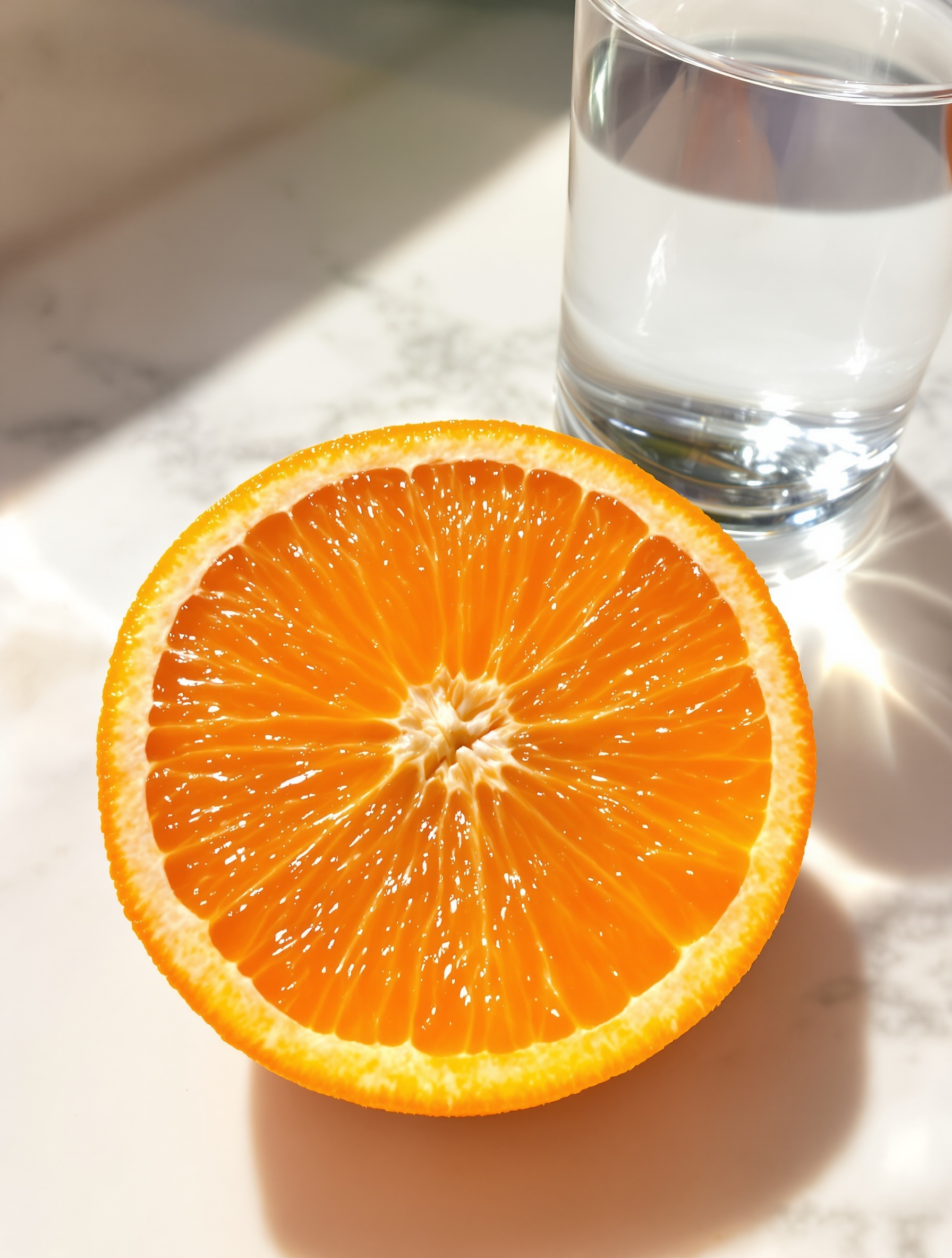 Segments d'orange juteux, couleur éclatante, posés à côté d'un verre d'eau.