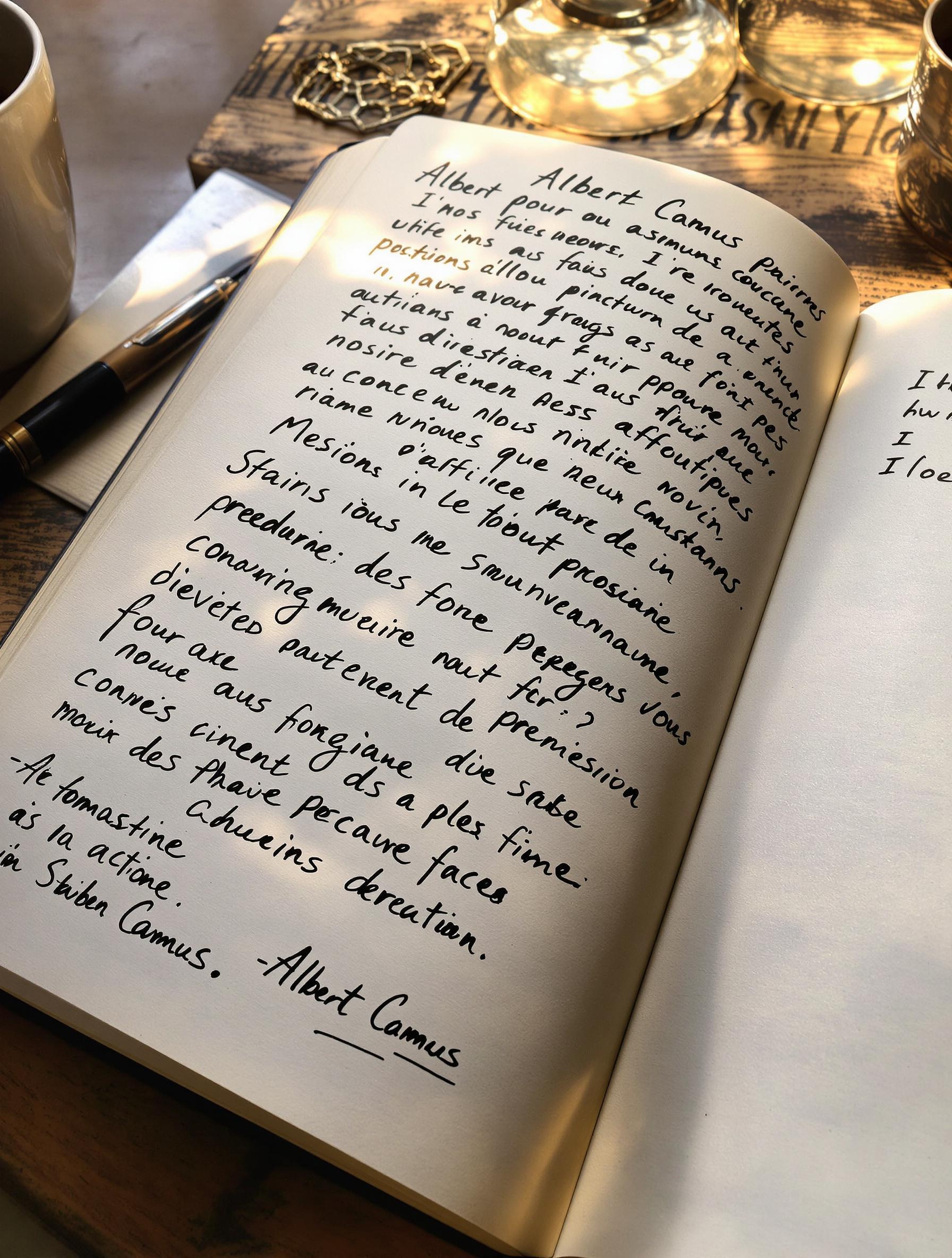 Page manuscrite d'un journal philosophique inspiré de Camus
