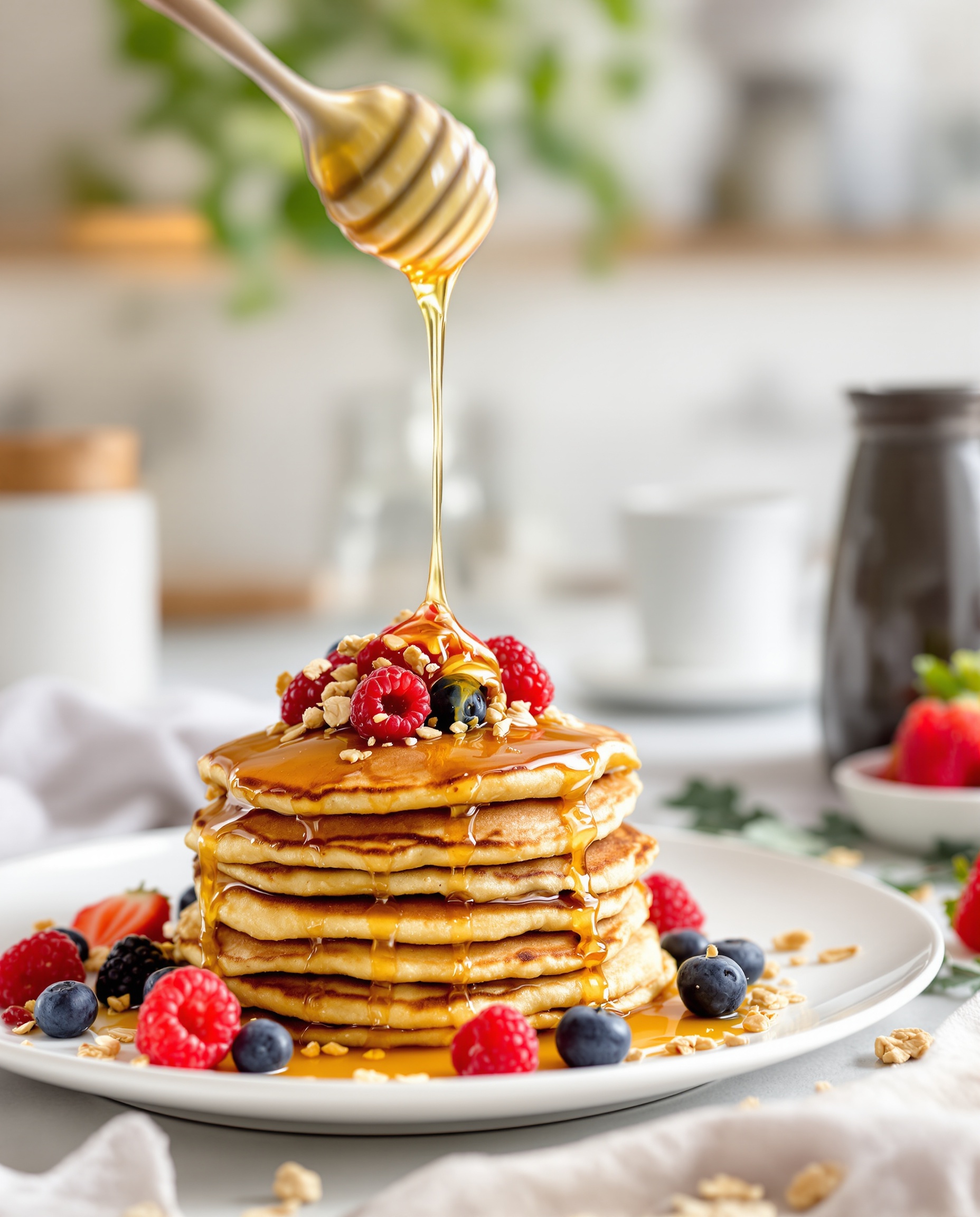 Pancakes protéinés moelleux garnis fruits rouges et miel