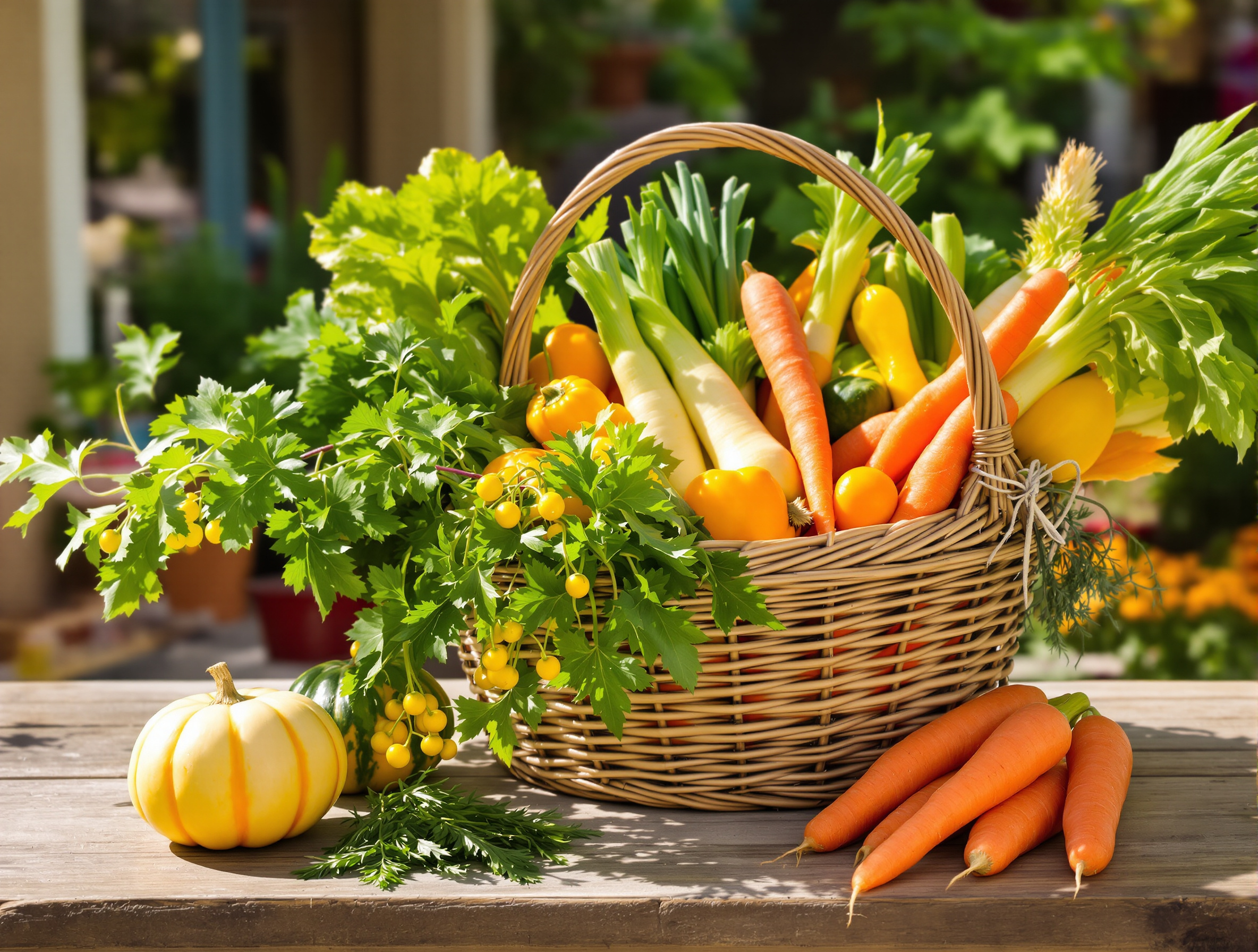 Un panier en osier rempli de légumes de saison colorés (courges, poireaux, carottes) posé sur une table en bois rustique, illustrant la fraîcheur et la vitalité des produits issus de circuits courts.
