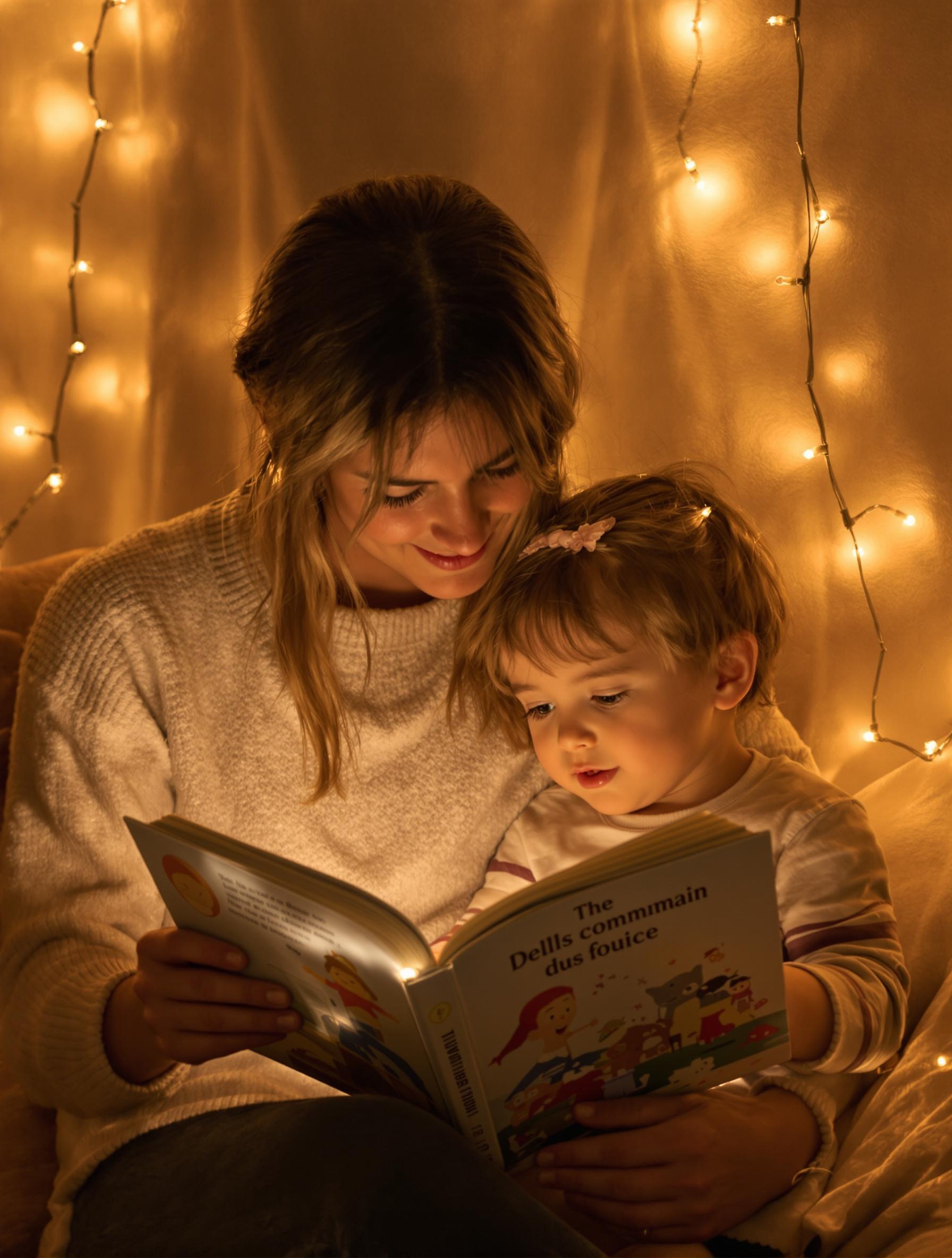 Parent lisant à un enfant sous guirlande lumineuse dans un décor chaleureux