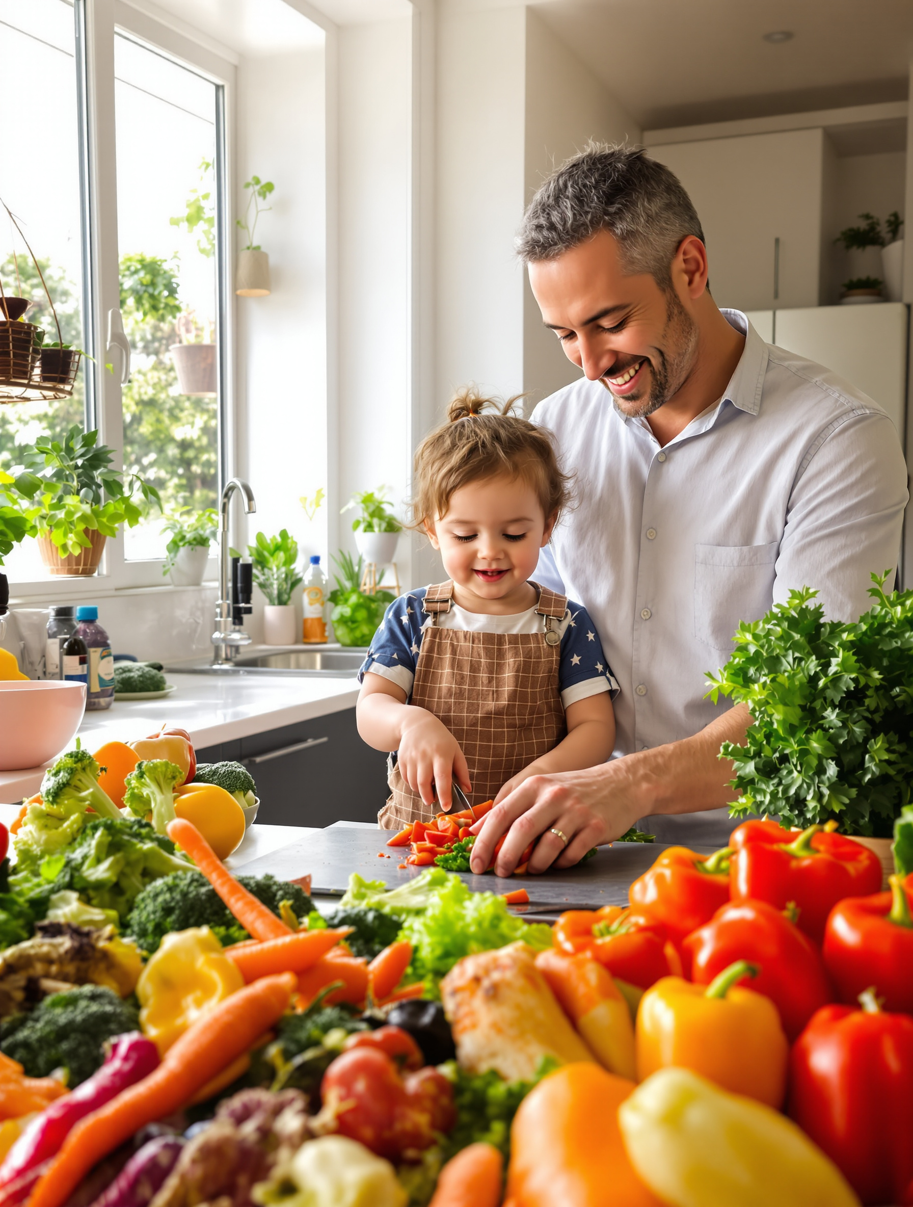 Un parent prépare un repas sain et coloré pour son enfant illustrant la préparation maison dans une ambiance chaleureuse.