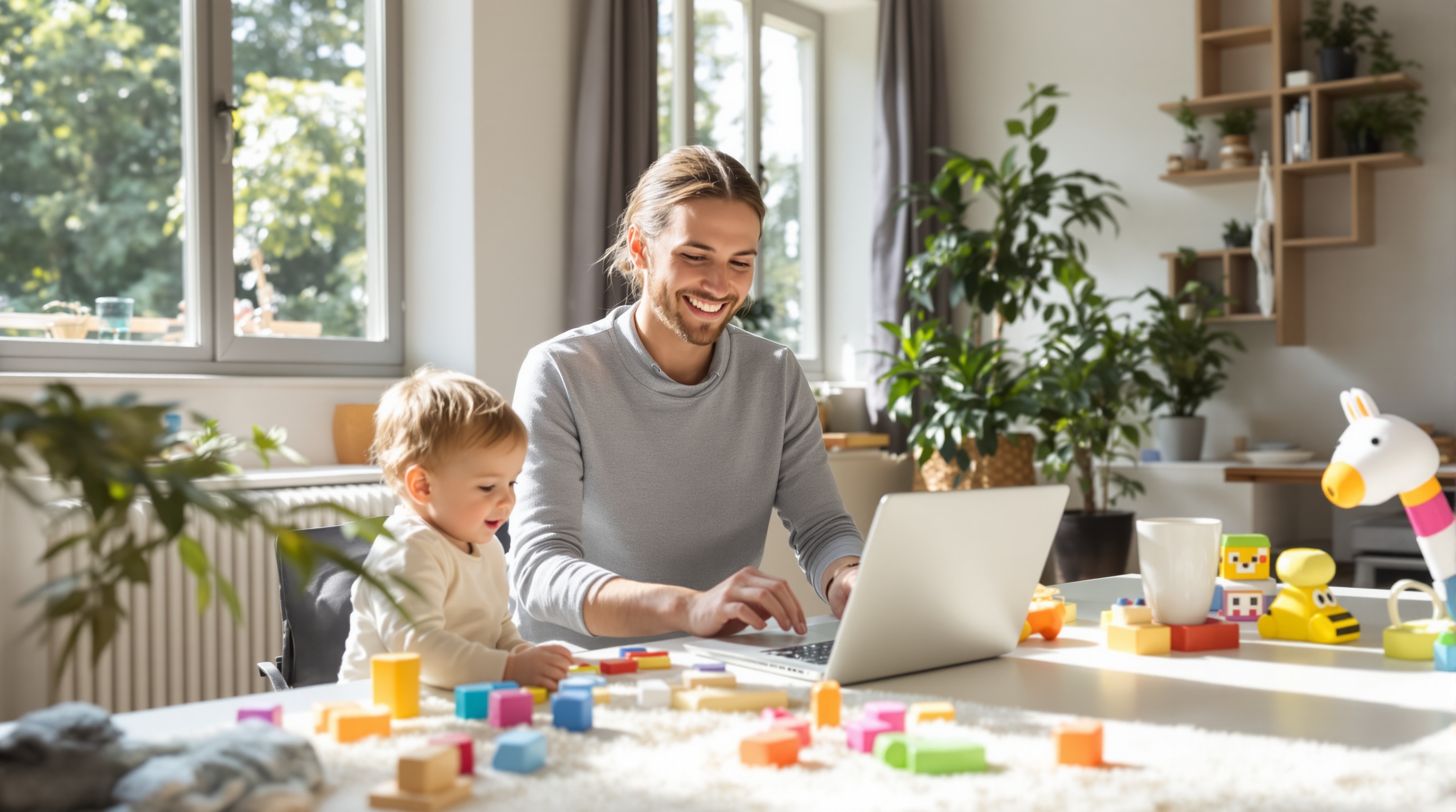 Parent souriant en télétravail avec enfant jouant à côté, ambiance lumineuse et sereine
