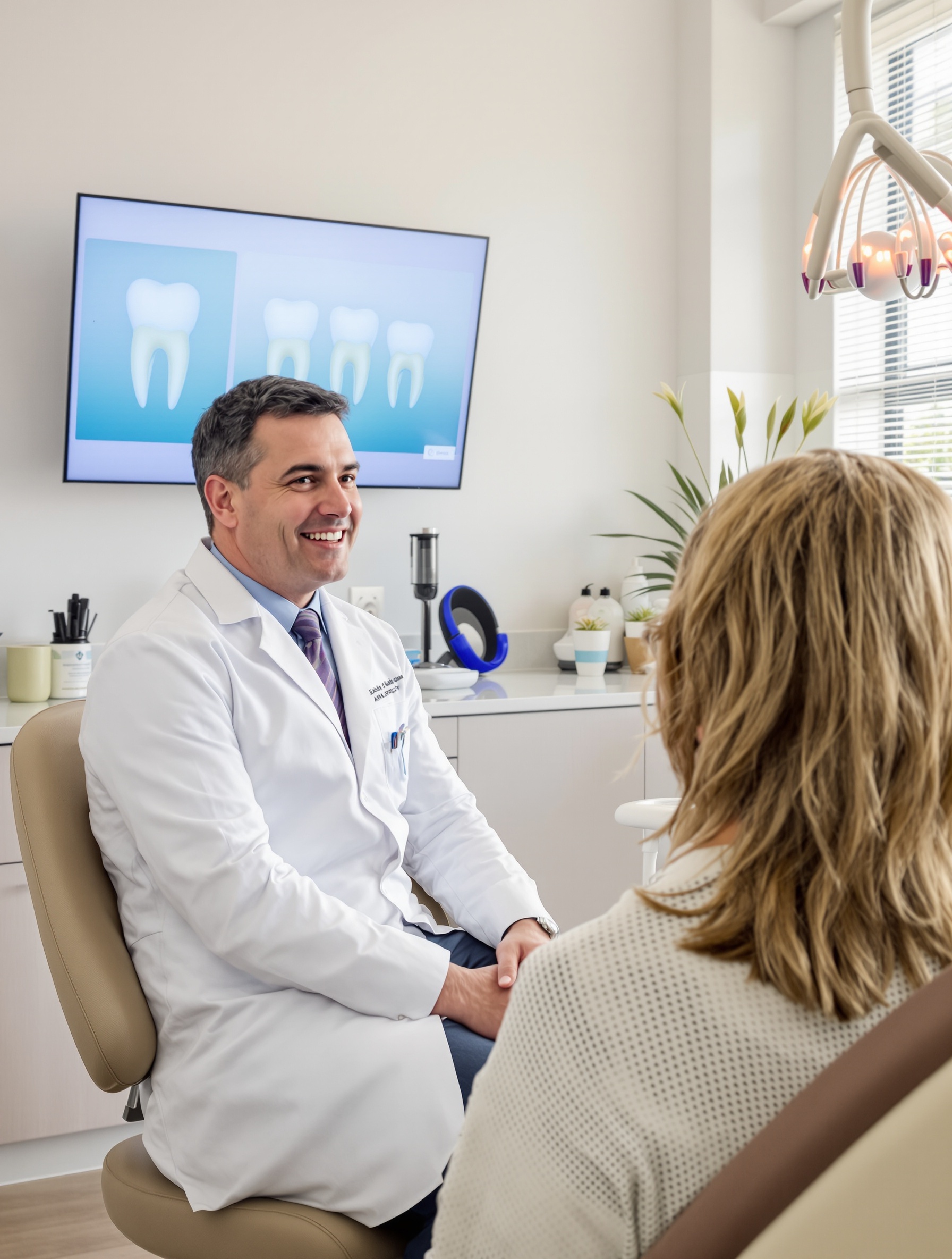 Patient rassuré en discussion avec un chirurgien-dentiste dans un cabinet lumineux.