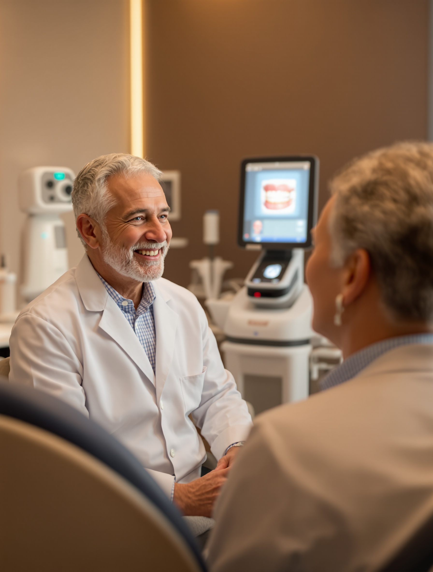 Patient mature en confiance avec son praticien dans un cabinet moderne équipé d'un scanner facial 3D.