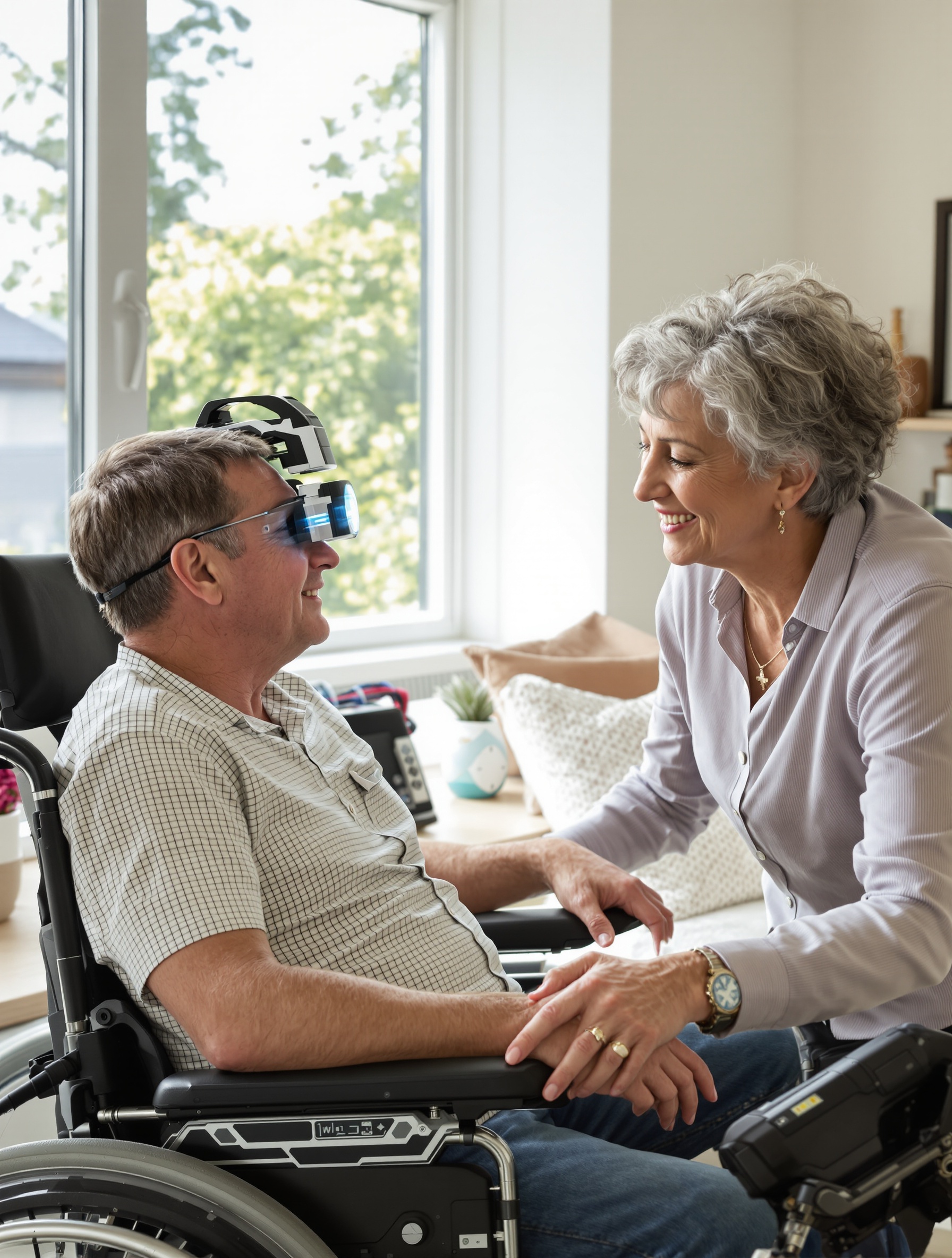 Patient utilisant une commande oculaire pour communiquer avec un proche.