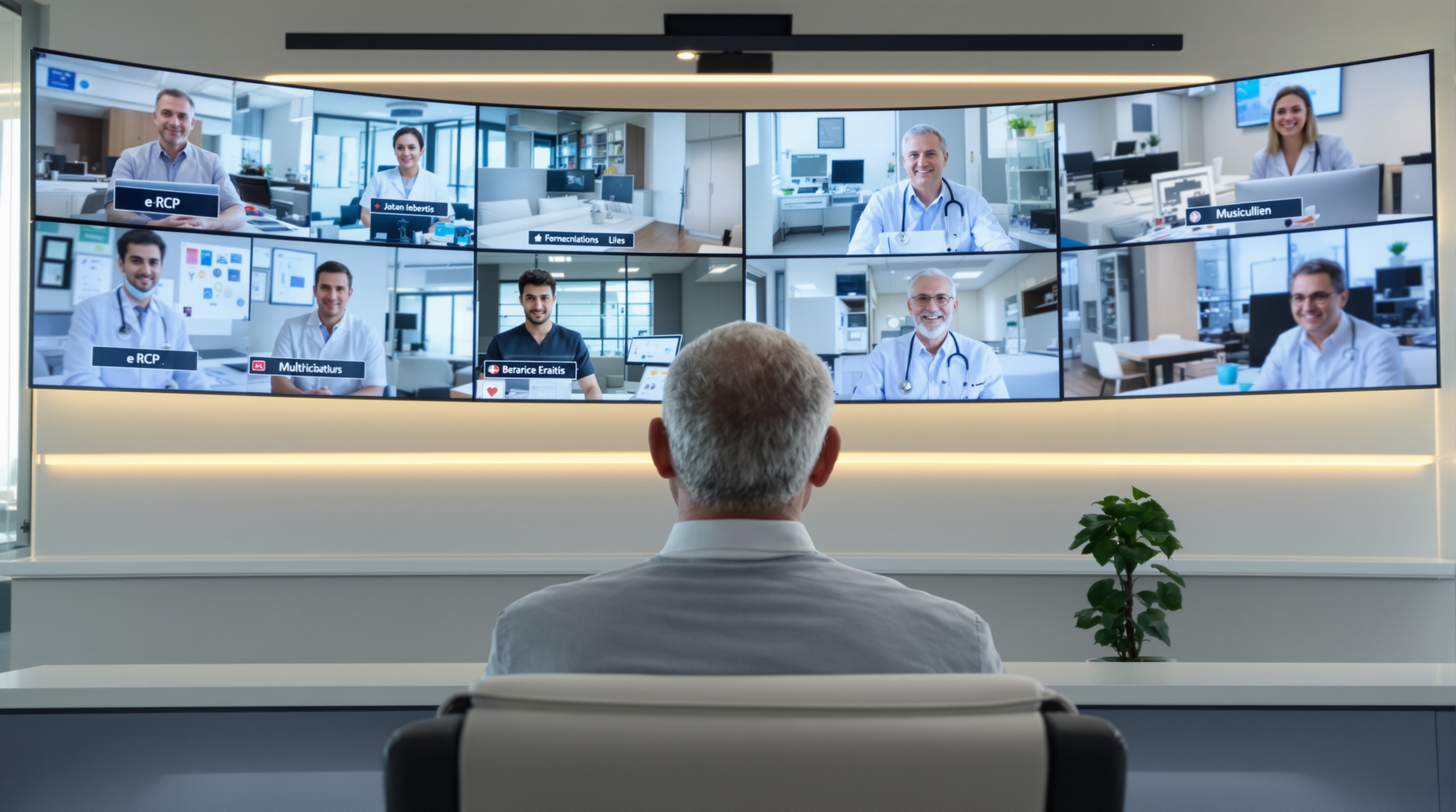 Patient au centre d'une e-RCP : plusieurs médecins spécialisés connectés autour de lui via écrans, partageant avis et données, ambiance moderne mais chaleureuse.