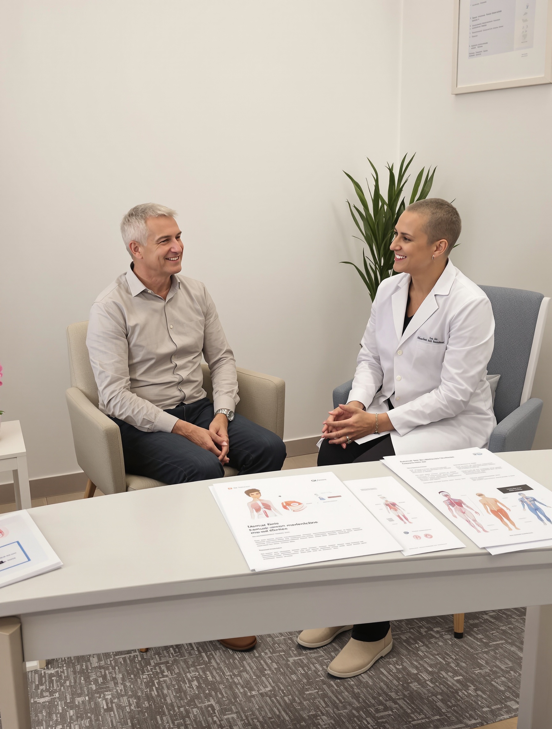 Patient discutant calmement du devis avec son praticien de técarthérapie dans un cabinet moderne