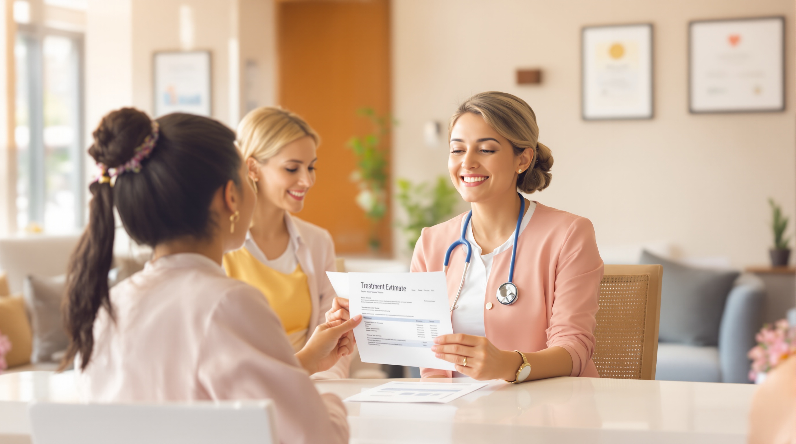 Patiente lisant attentivement un devis dans un cabinet moderne