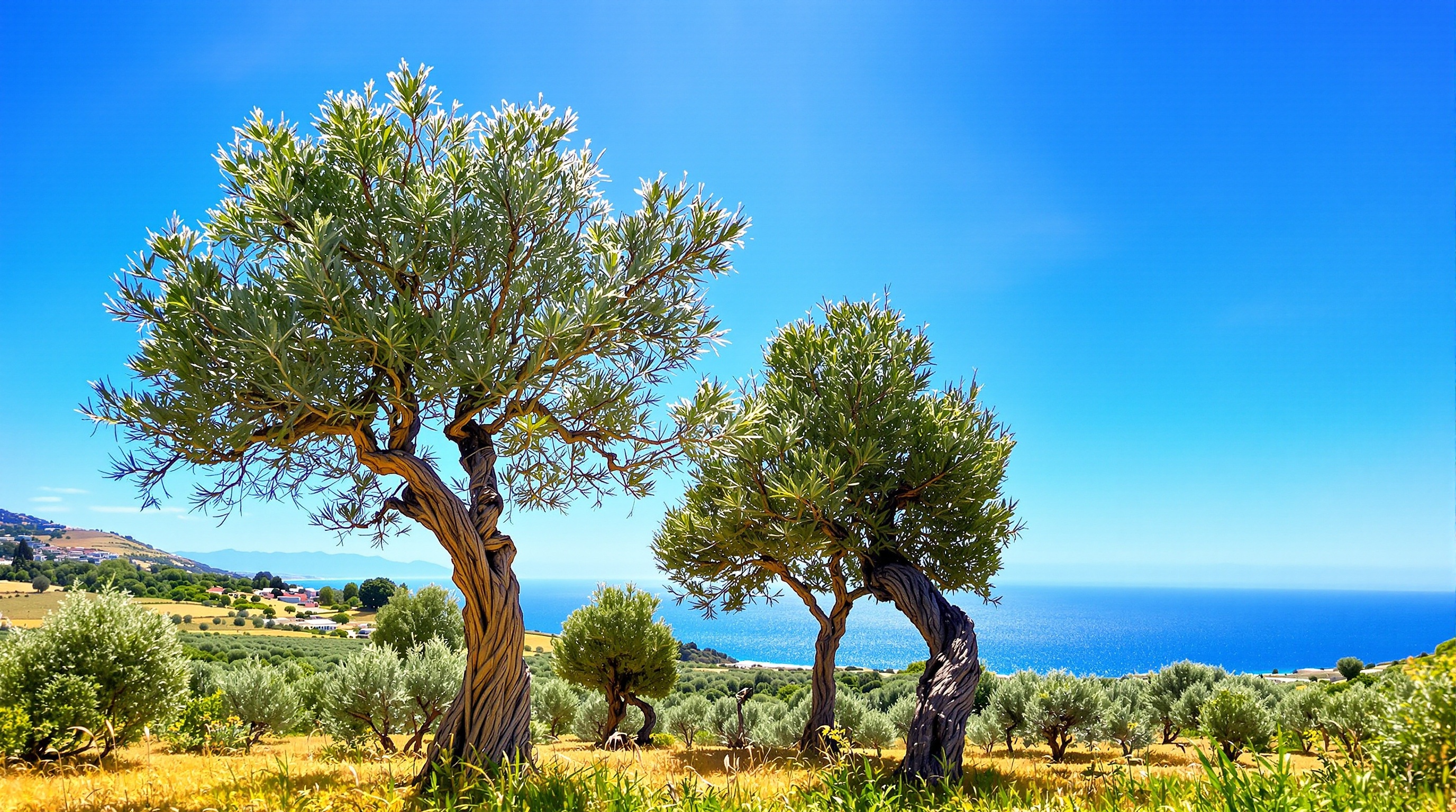 Paysage espagnol ensoleillé et paisible avec oliviers et mer Méditerranée