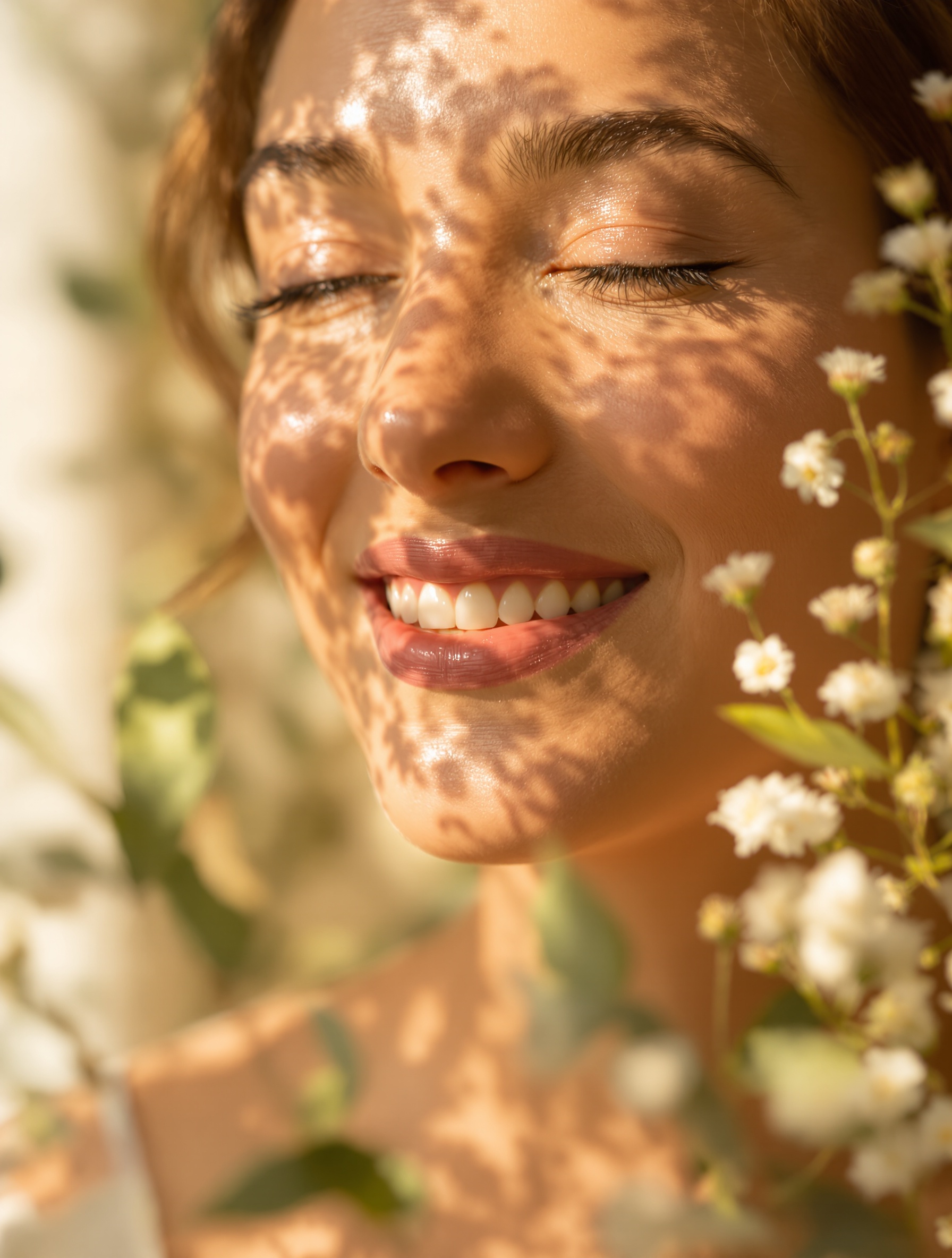 Peau saine et apaisée, baignée de lumière douce, avec des éléments naturels en arrière-plan, symbolisant bien-être et régénération.