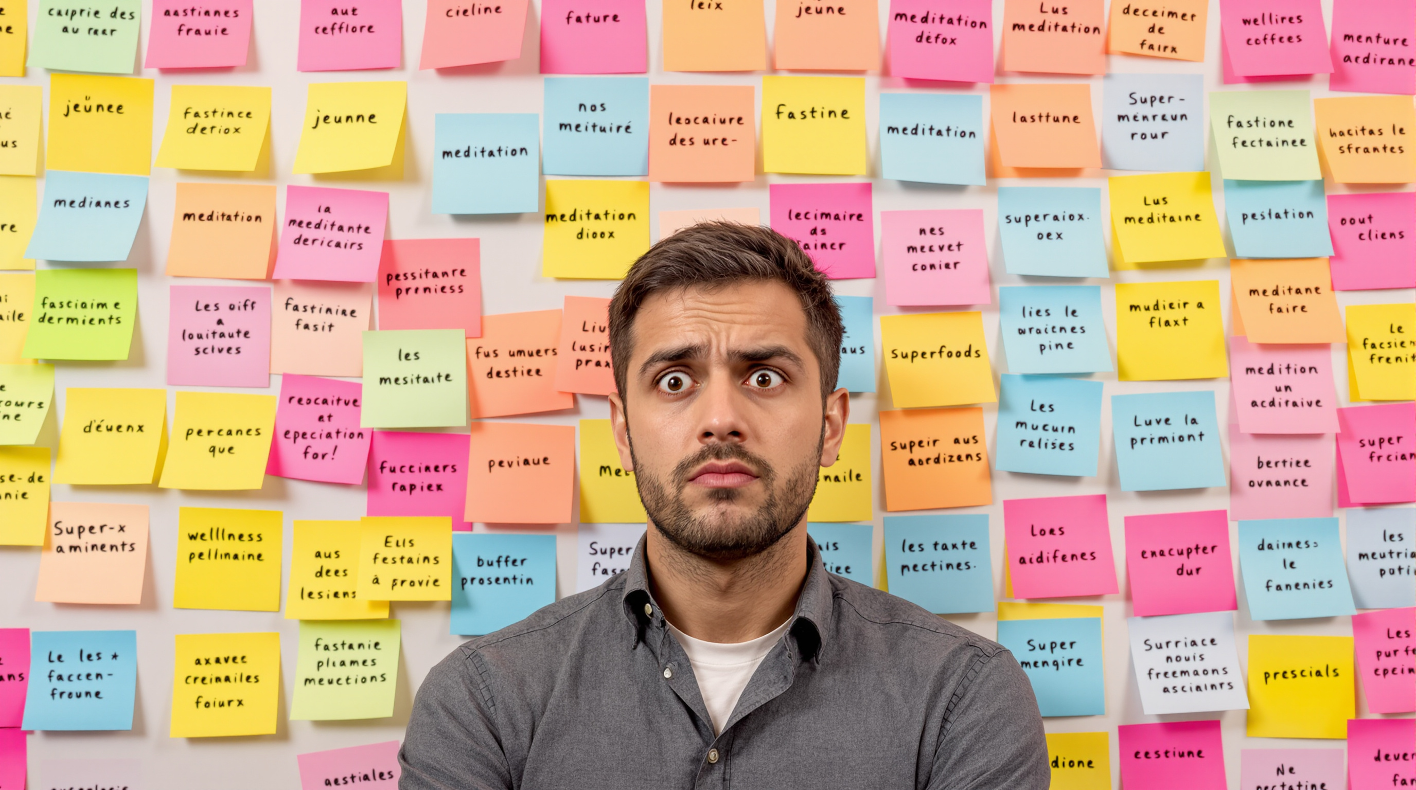 Une personne perplexe devant un mur couvert de post-its colorés, chacun portant une promesse de bien-être différente ('jeûne', 'méditation', 'détox', 'super-aliments'). L'image symbolise la confusion et l'infobésité dans le domaine du bien-être.