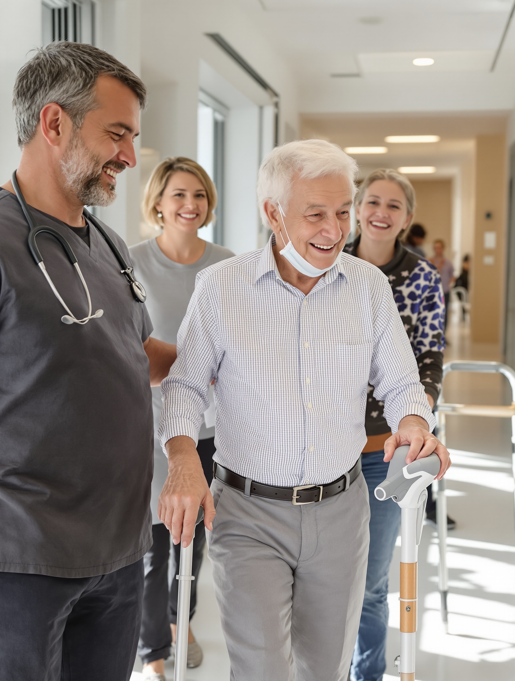 Personne âgée marchant avec accompagnement après fracture du fémur