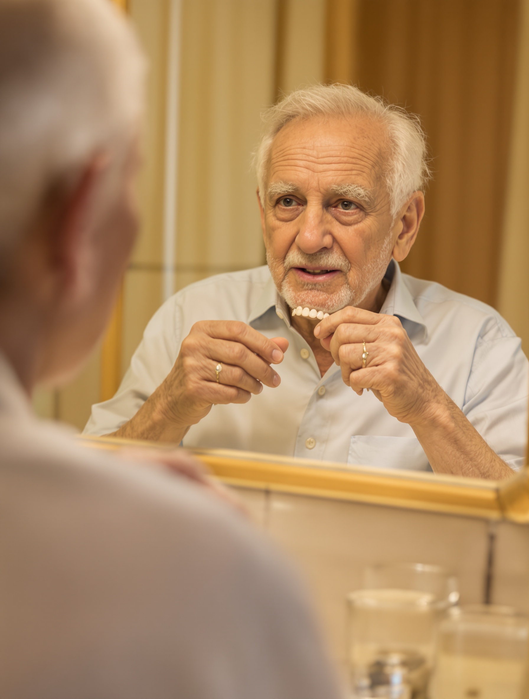 Retrait prudent d'une prothèse dentaire coincée à crochets devant un miroir