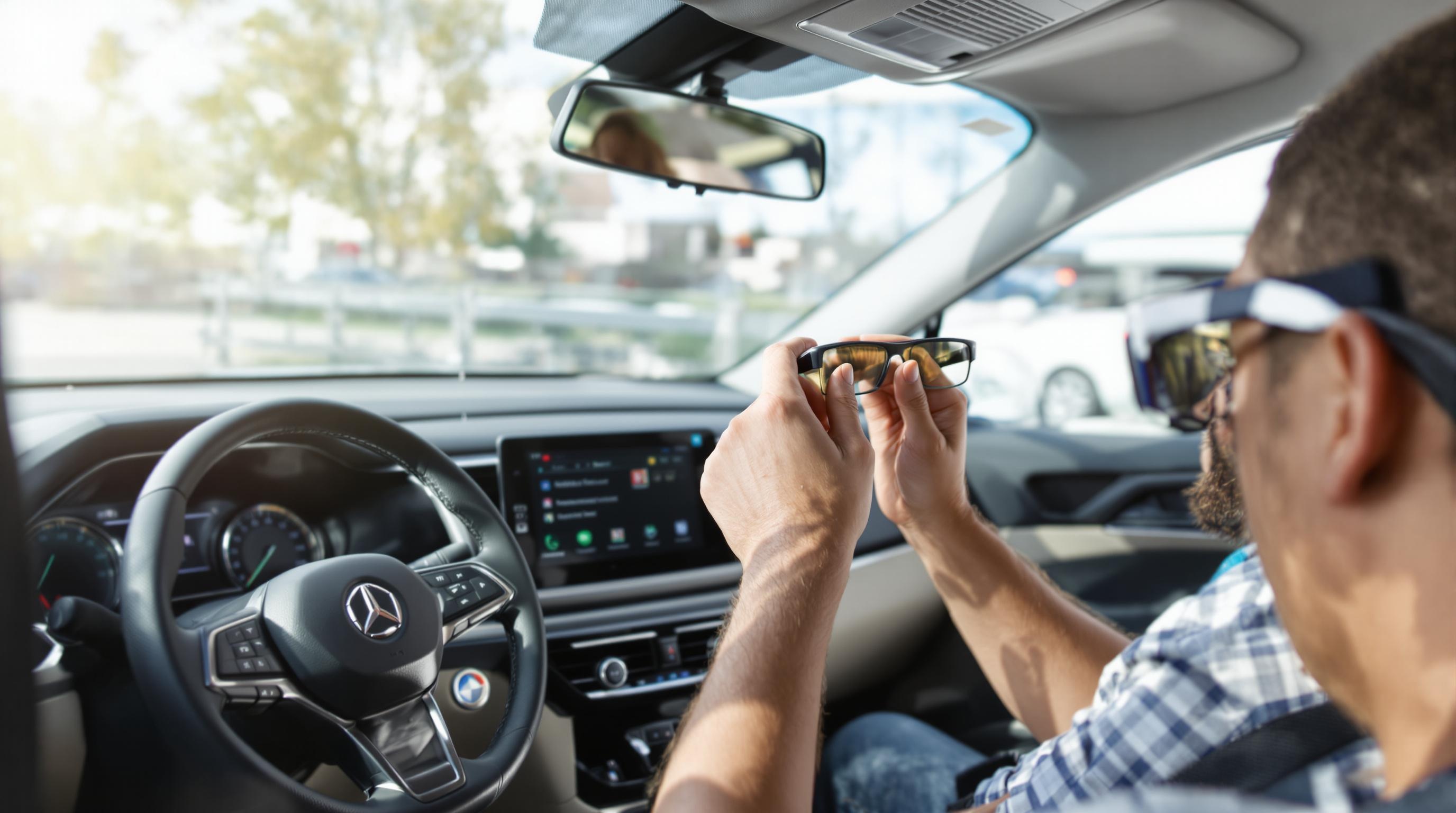 Personne ajustant ses Boarding Glasses avant de conduire, passager également équipé, dans un van familial moderne.
