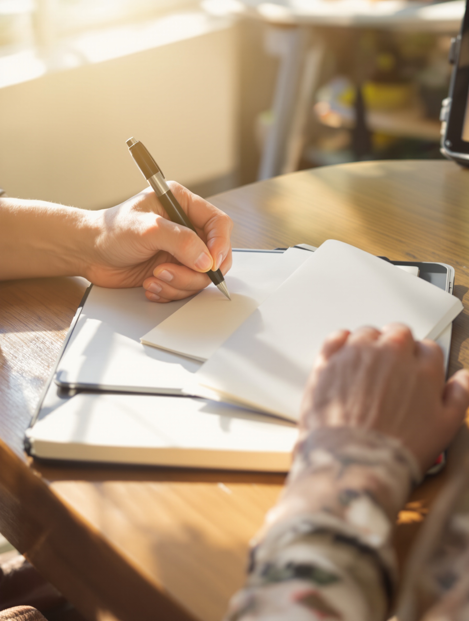 Personne écrivant sur carnet avec tablette de communication, lumière douce, fenêtre, maladie de Charcot, adaptation.