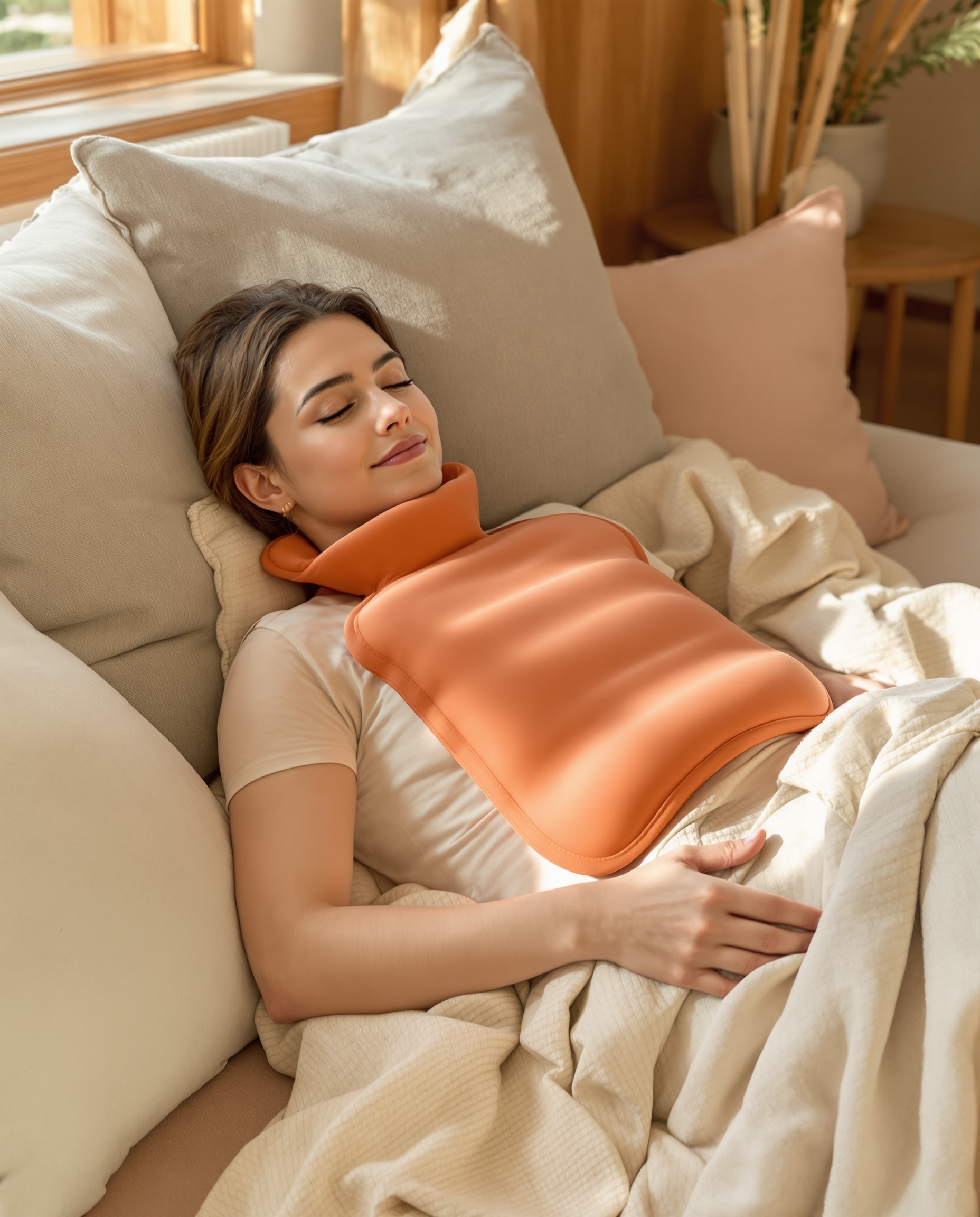 Bouillotte chaude sur ventre, détente immédiate