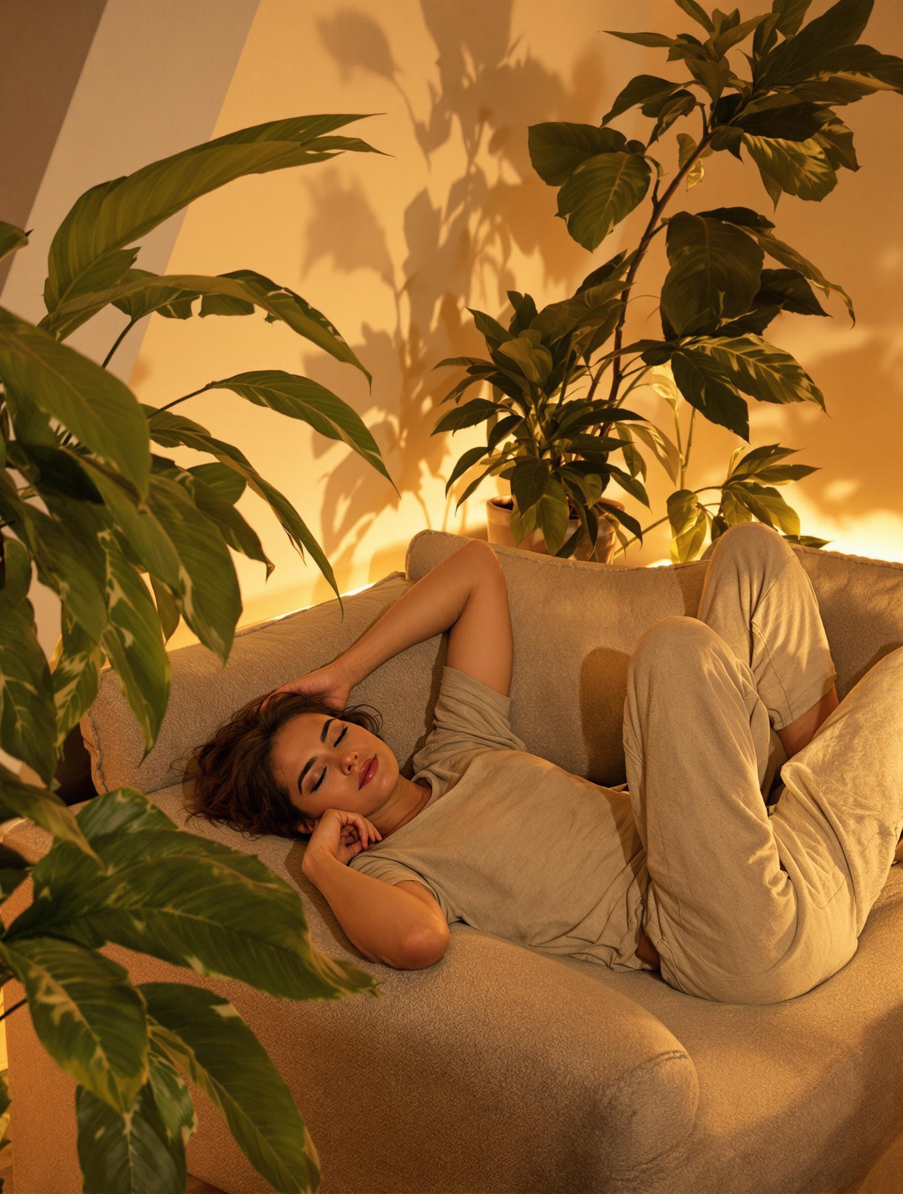 Femme détendue sur un canapé entourée de plantes dans une ambiance tamisée