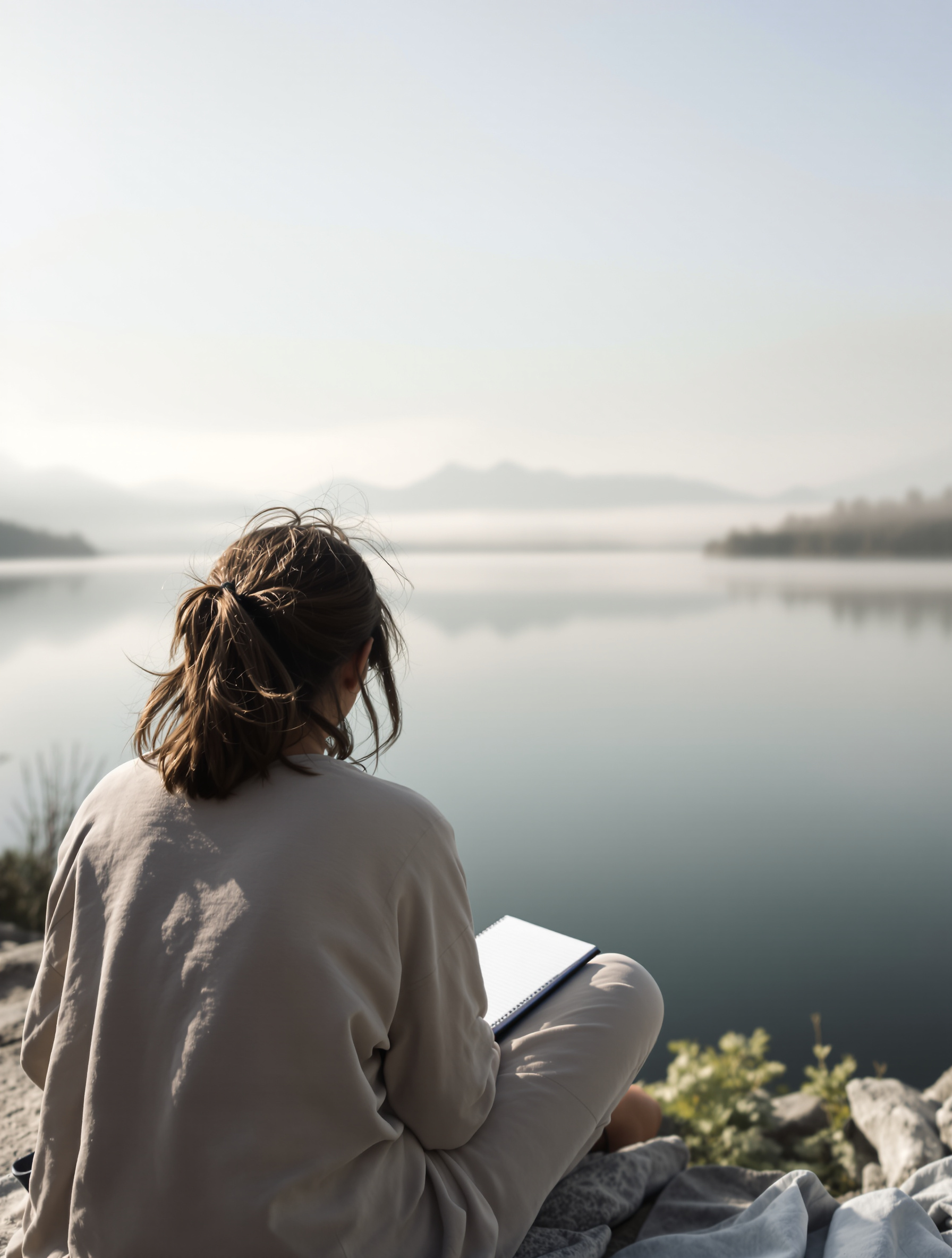 Personne assise face à un paysage lacustre, carnet sur les genoux, atmosphère introspective