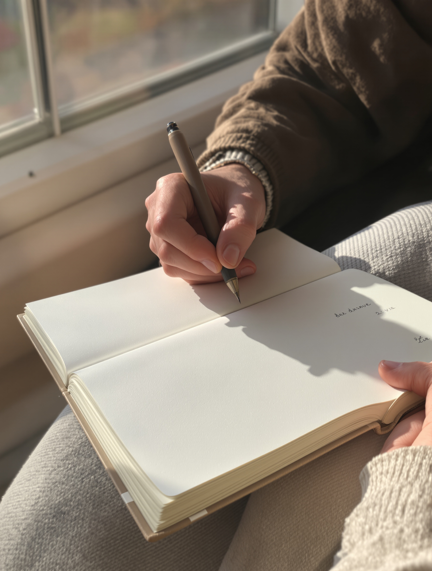 Personne écrivant dans un carnet près d’une fenêtre – introspection et prise de notes