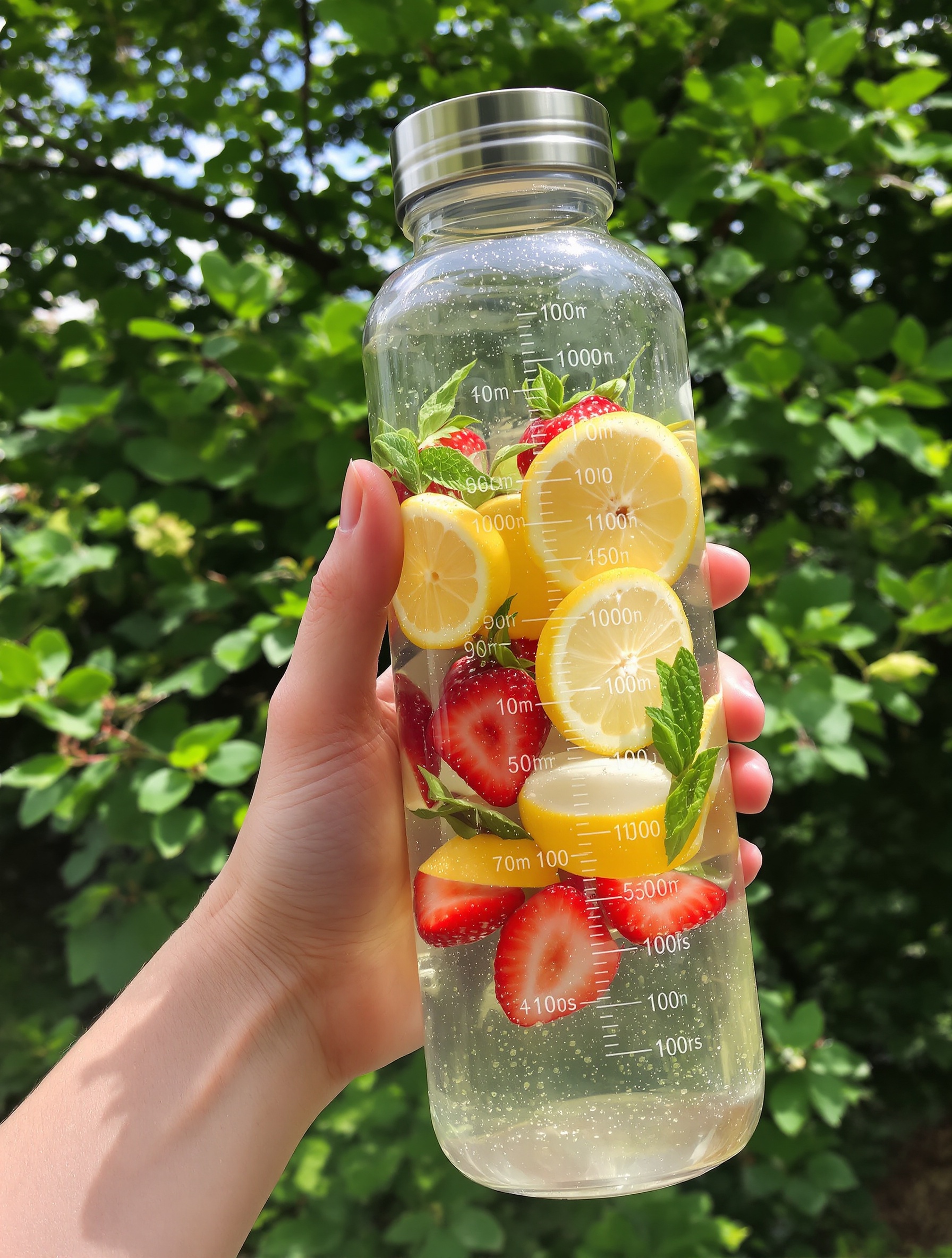 personne utilisant une gourde graduée avec fruits infusés