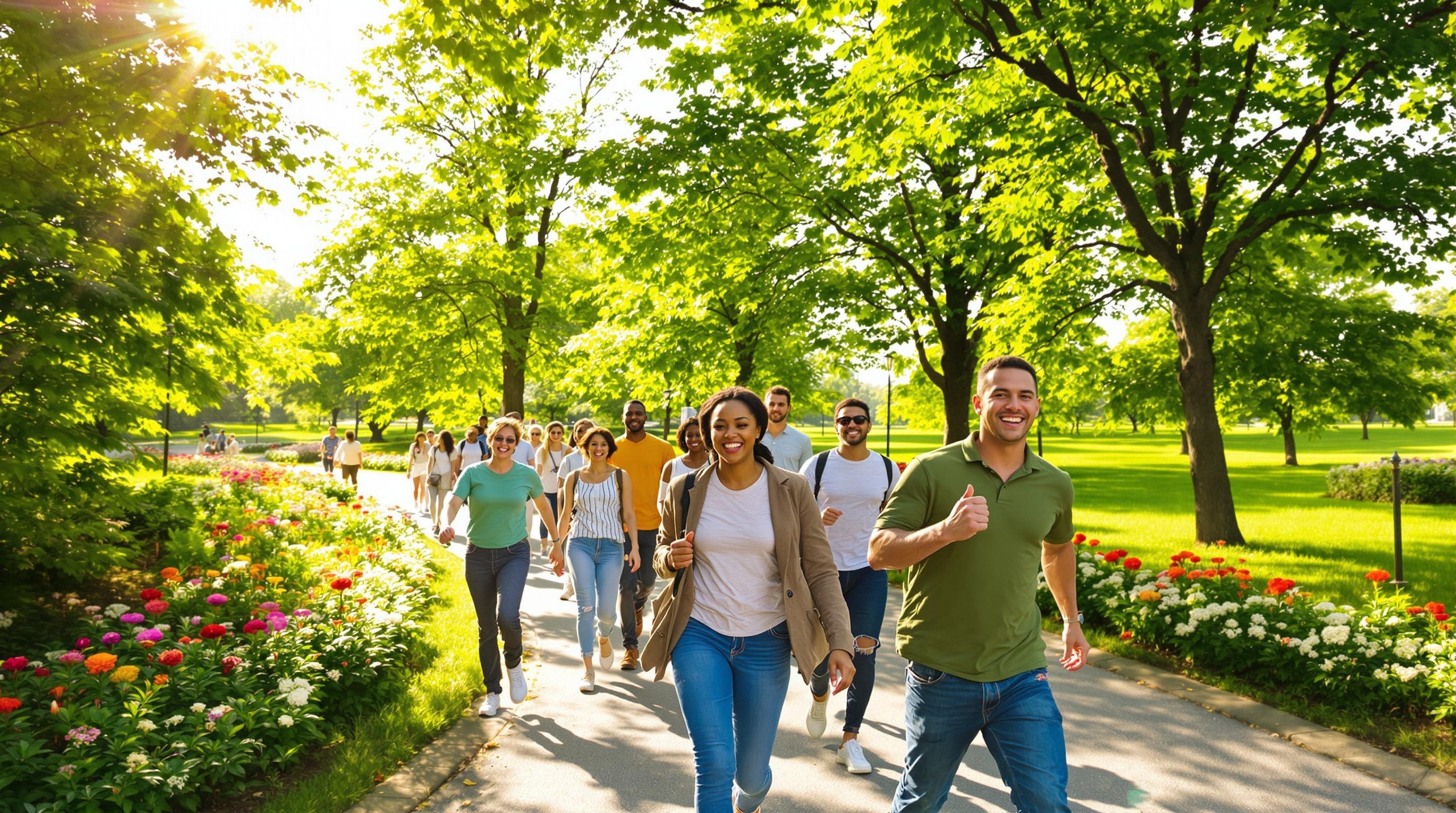 Groupe de seniors marchant activement dans un parc, exprimant vitalité et joie communicative