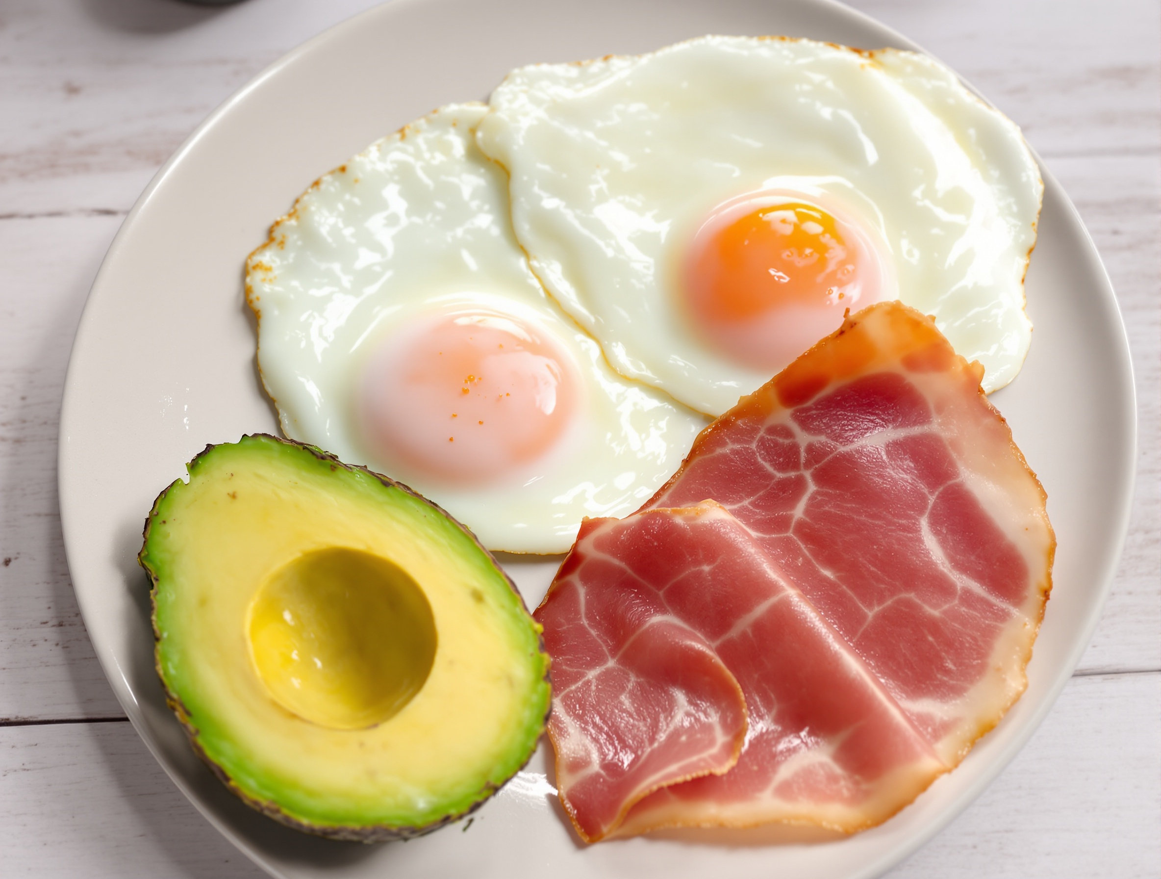 Petit-déjeuner anti-fermentation style Donatini avec œufs au plat, avocat et jambon artisanal
