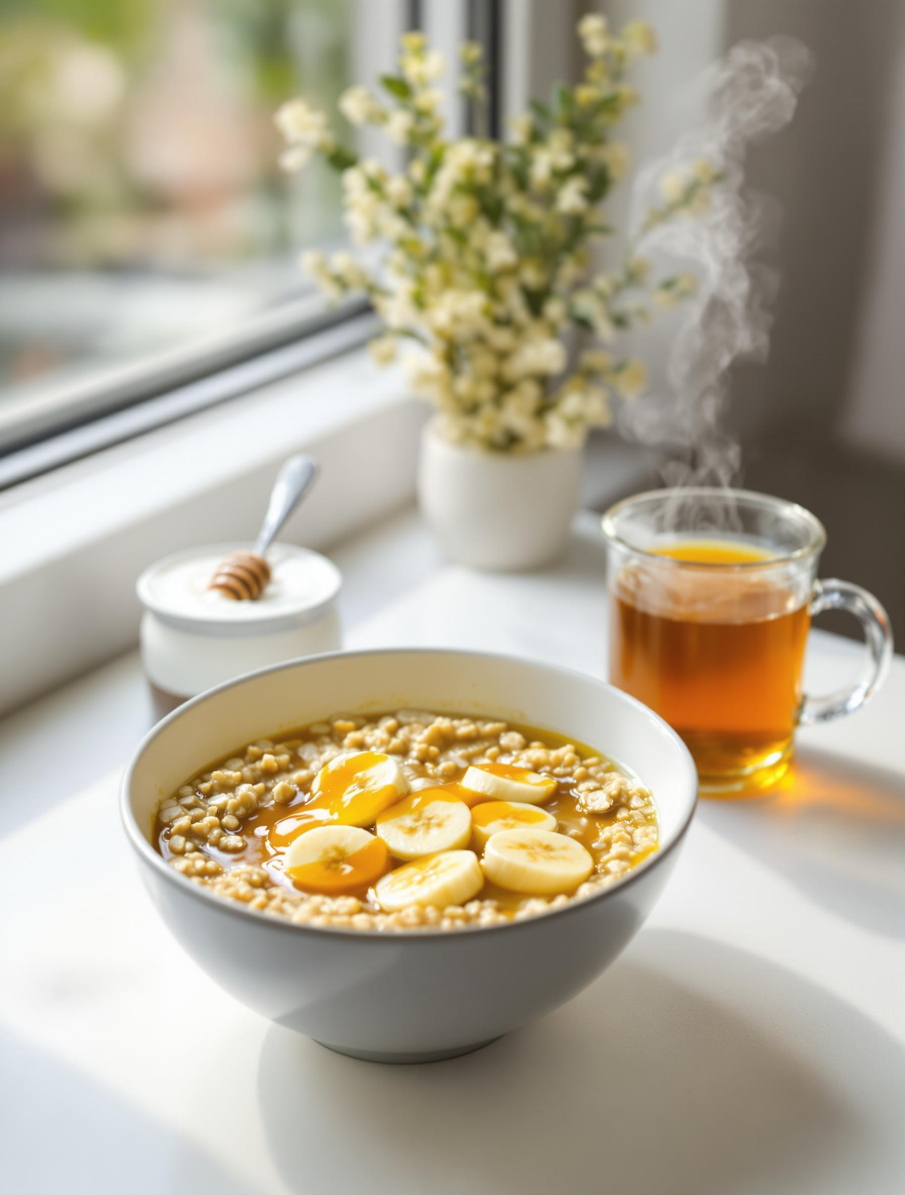 Petit-déjeuner sportif pour un match à 9h : porridge, banane, yaourt grec, miel, tisane
